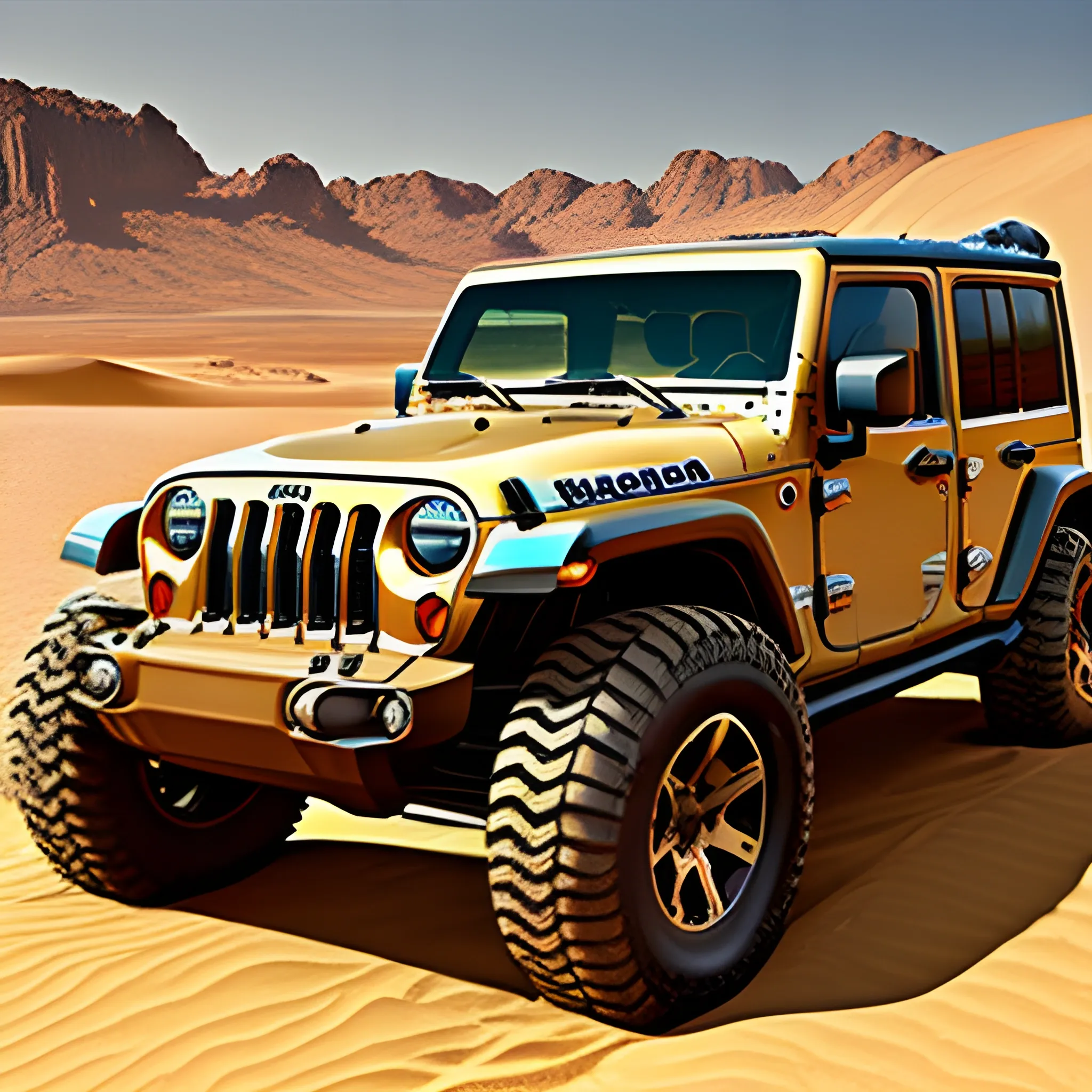 
jeep monster offroad sun light color sand in desert
