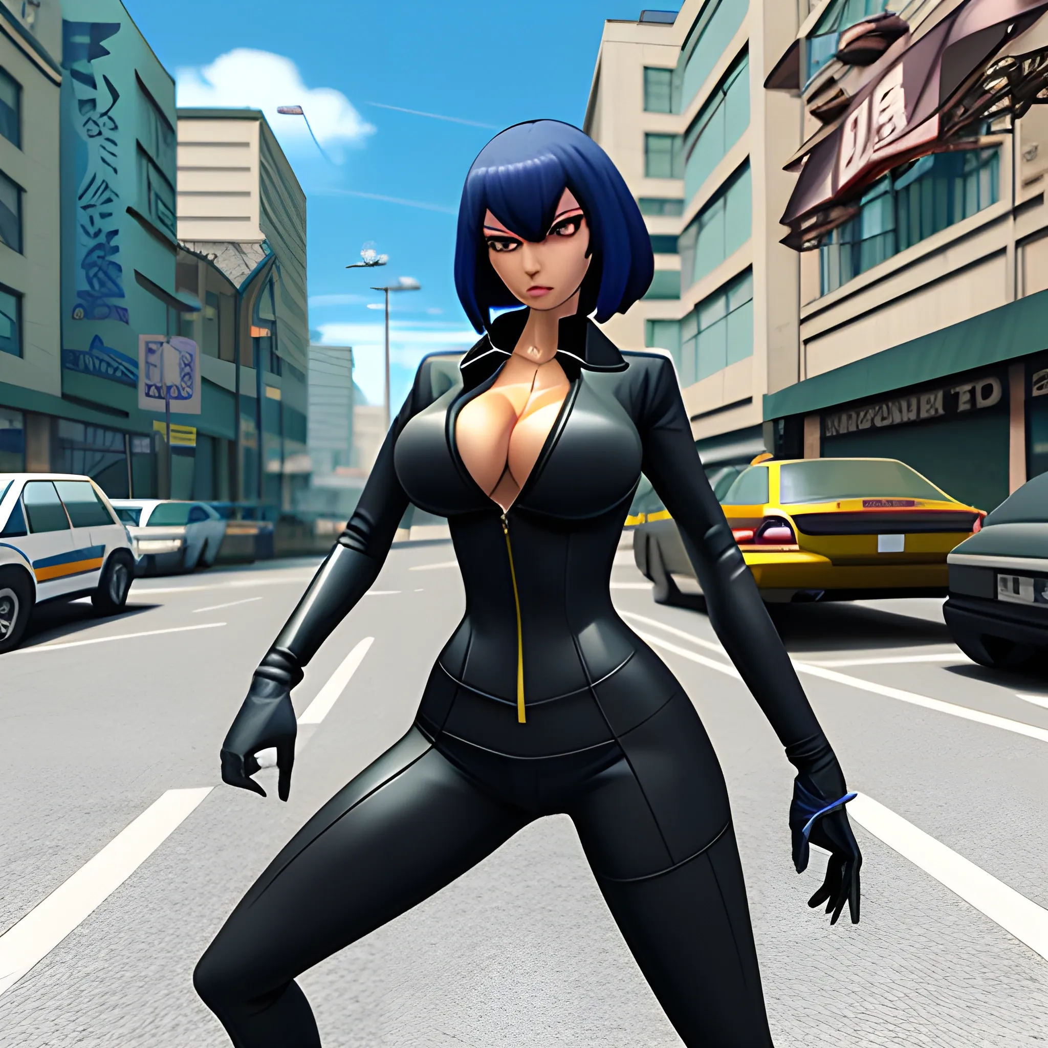 anime girl gangster shot in police city area , 3D