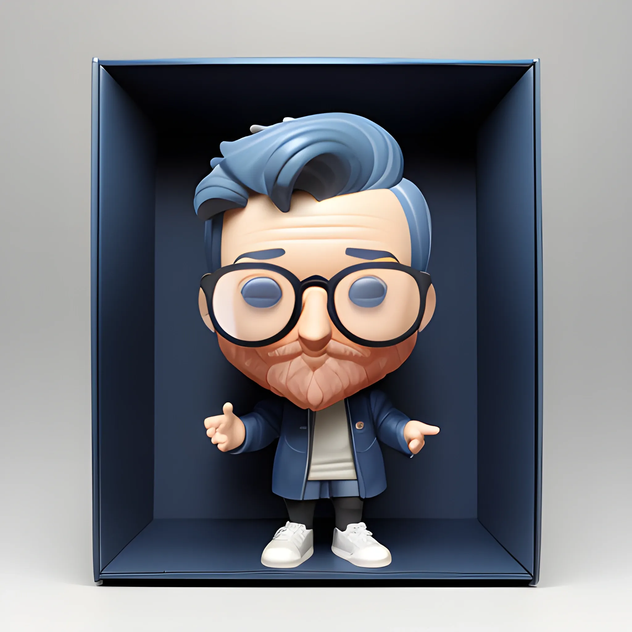 Funko figure of a male, smiling, called PROF SCHIUMA, wearing a DARK BLUE HOODIE, DARK BLUE jeans and BLUE NEW BALANCE shoes, gray shaved hair and beard, cerulean eyes, BIG NOSE, Ray-Ban gold aviator clean lenses glasses. The Funko is displayed inside and outside a limited edition blue and white Funko box with PROF SCHIUMA text, allowing visibility of the figure, typography, 3D render. white background