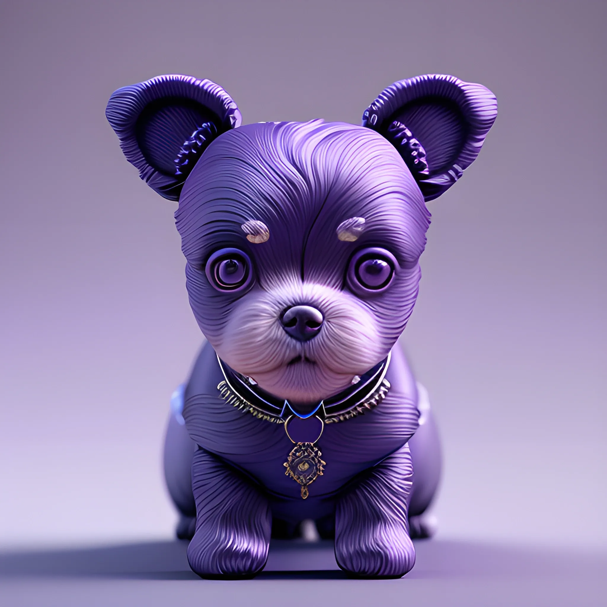 Cute toy dog, from front, purple blue color scheme, high key lighting, volumetric light, digital art, highly detailed, fine detail, intricate, ornate, complex, octane render, unreal engine, photorealistic , 3D