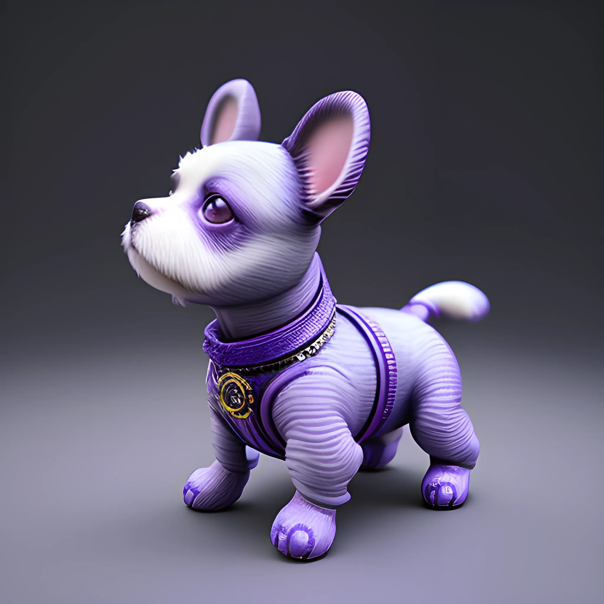 Cute toy dog, from side, purple blue color scheme, high key lighting, volumetric light, digital art, highly detailed, fine detail, intricate, ornate, complex, octane render, unreal engine, photorealistic , 3D