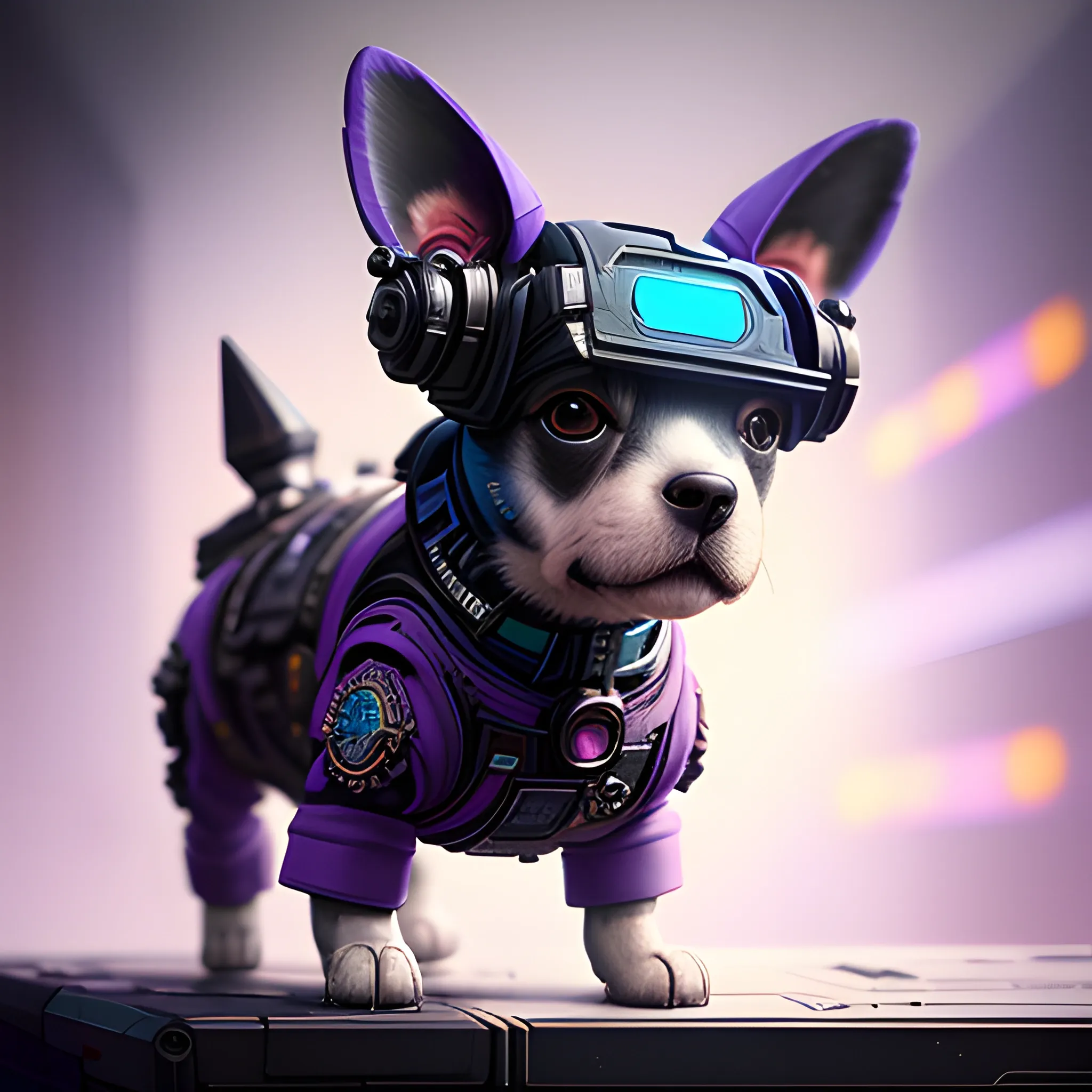 a beautiful portrait of a cute cyberpunk Cute toy dog by sandra chevrier and greg rutkowski and wlop, purple blue color scheme, high key lighting, volumetric light, digital art, highly detailed, fine detail, intricate, ornate, complex, octane render, unreal engine, photorealistic 