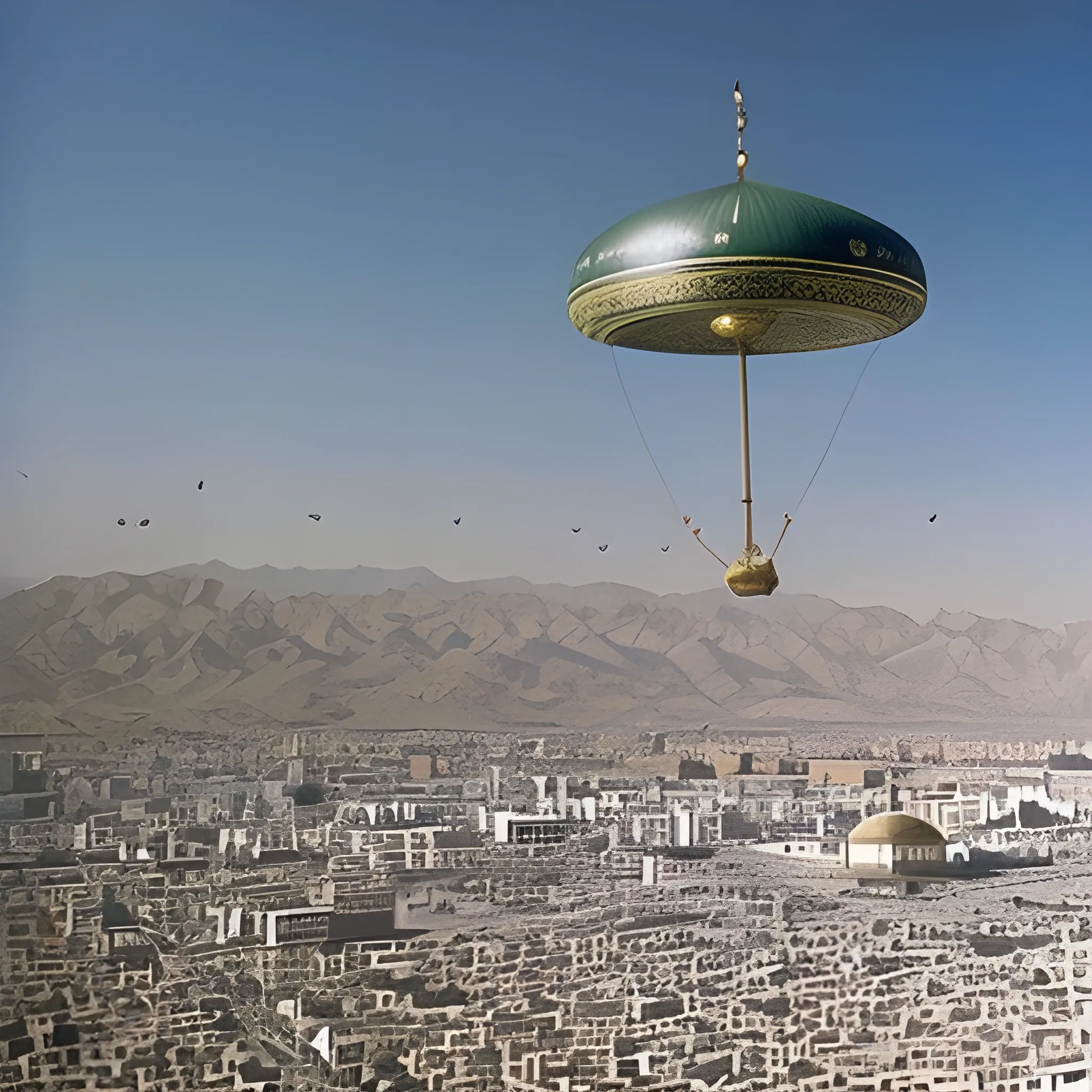 Imam Khomeini  is flying  over Tehran.