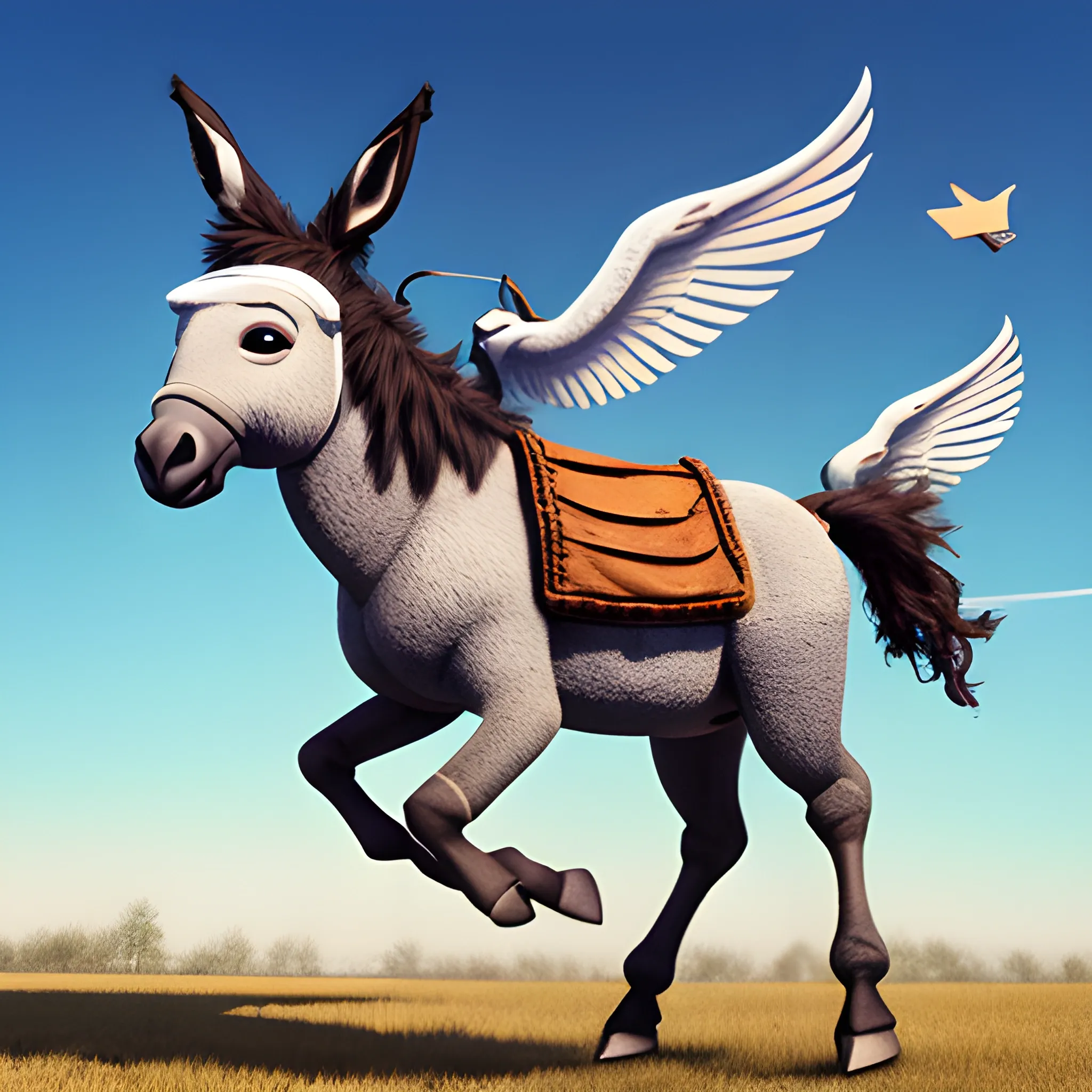 A donkey with wings and flying.