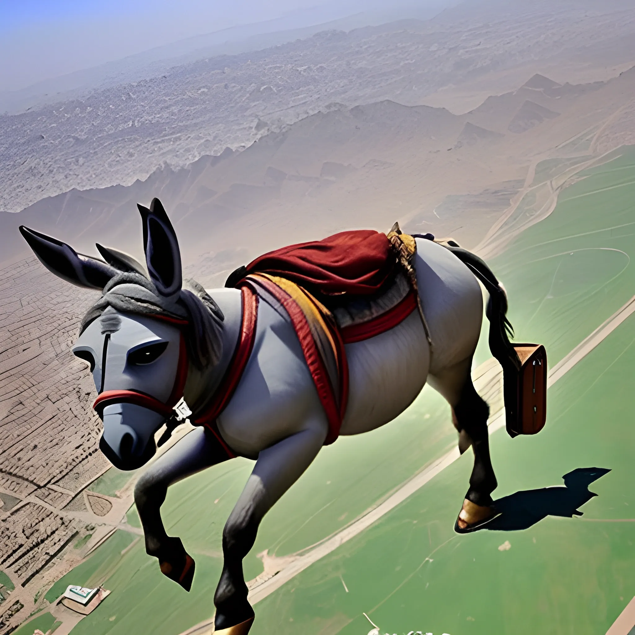 A donkey with wings and flying. He travel over tehran.