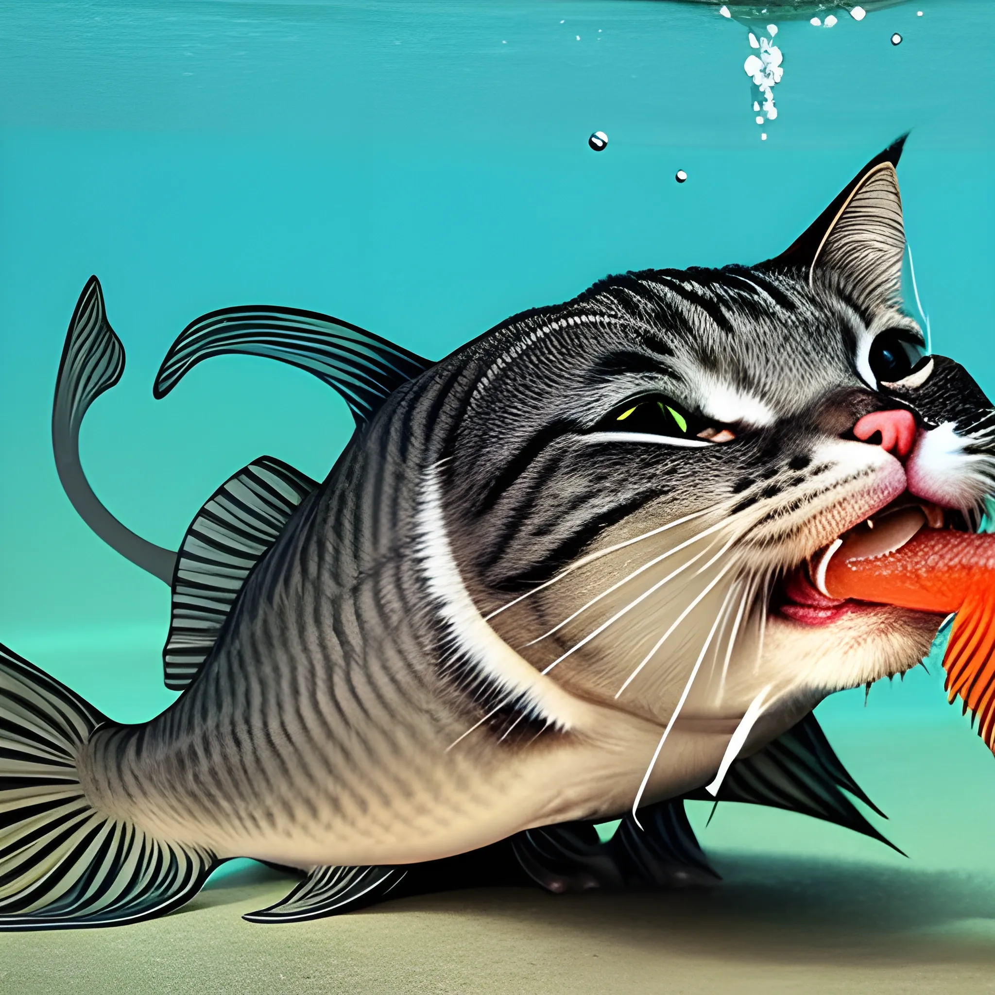 A fish that  is eating a cat.