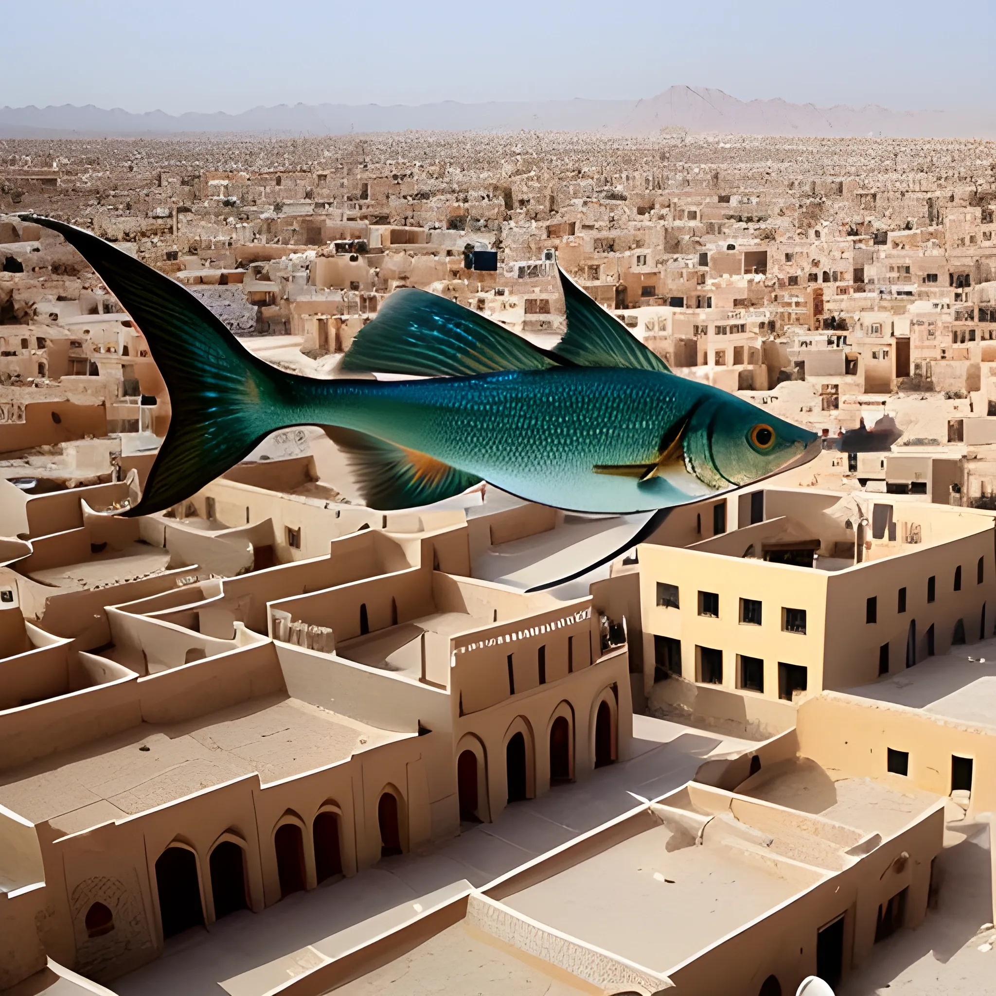 A fish is flying over yazd city. 