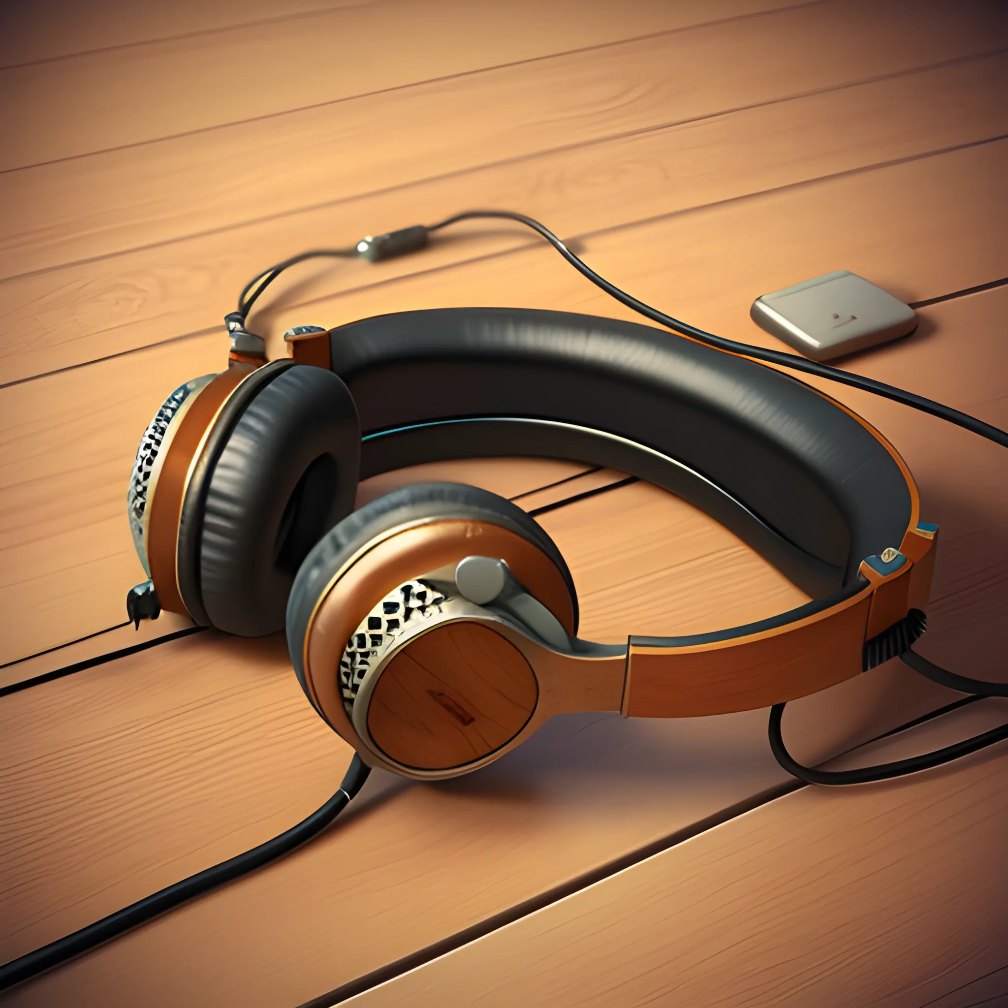 old retro headphones with cord placed on top of a wooden table, 3D