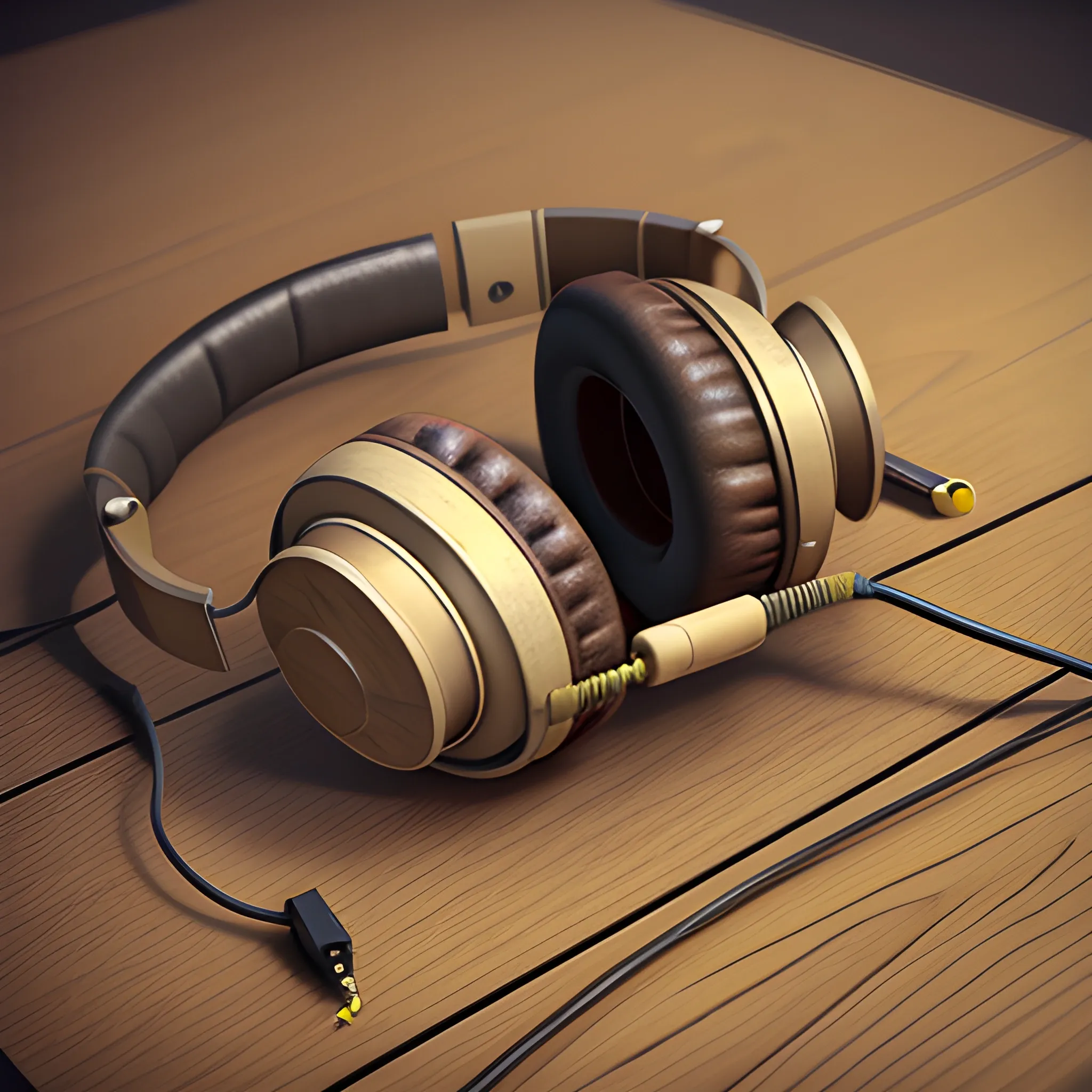 old retro headphones with cord placed on top of a wooden table, 3D