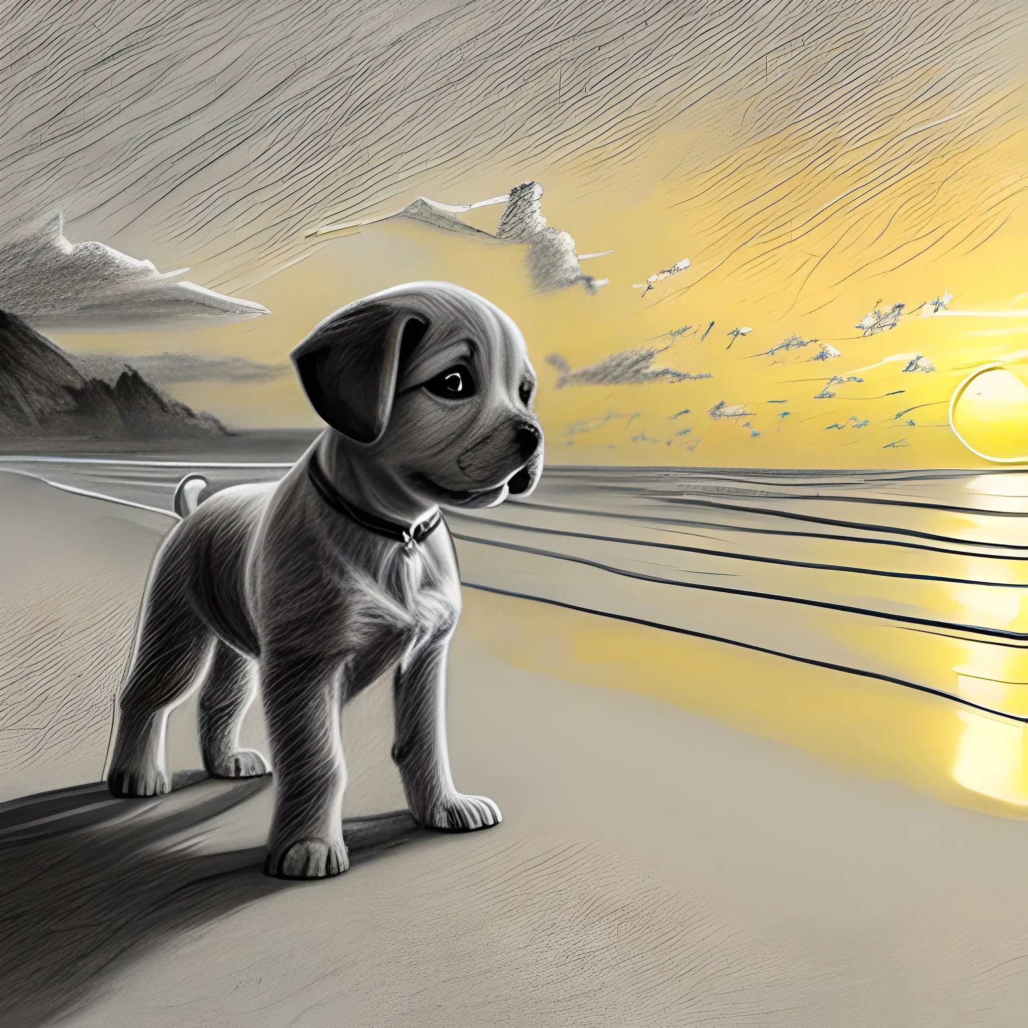 a puppy walking on the beach in the Philippines with a sunset on the horizon, Pencil Sketch