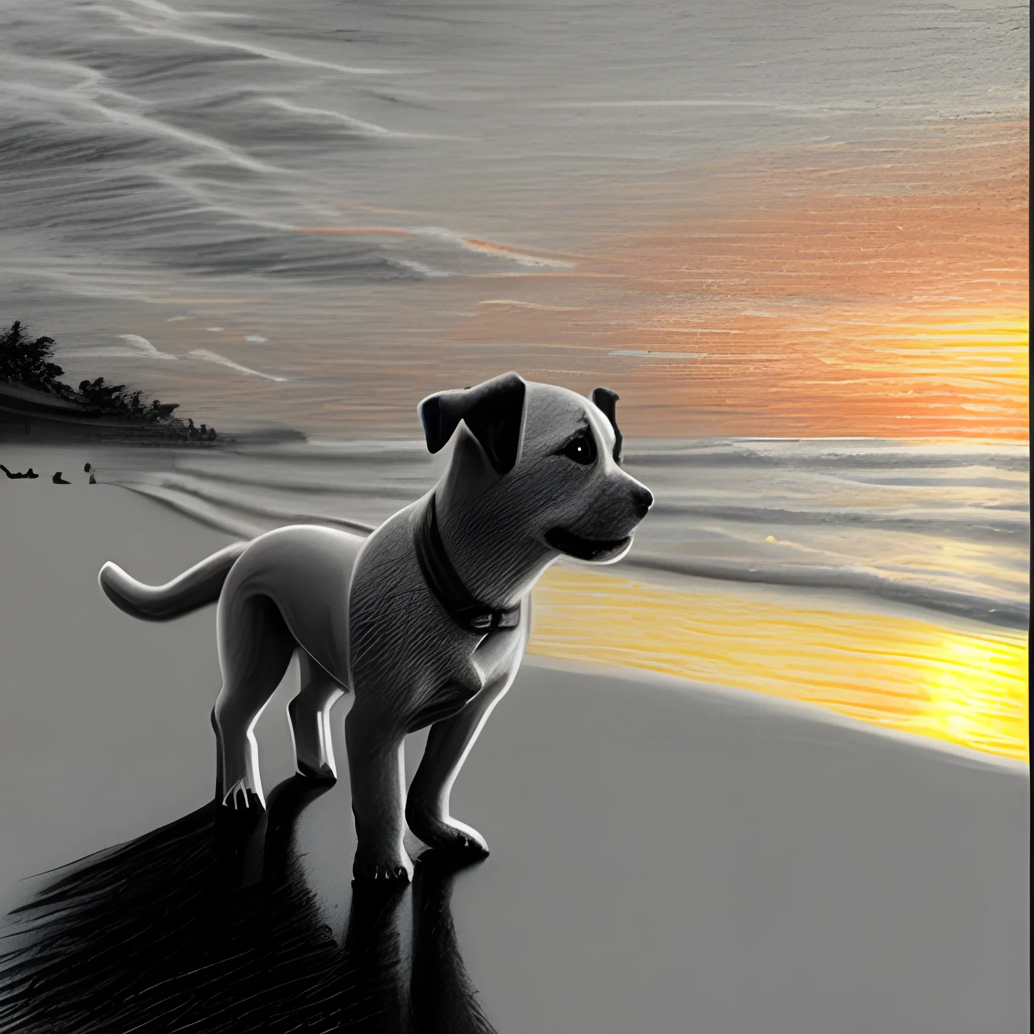 a puppy walking on the beach in the Philippines with a sunset on the horizon, Pencil Sketch