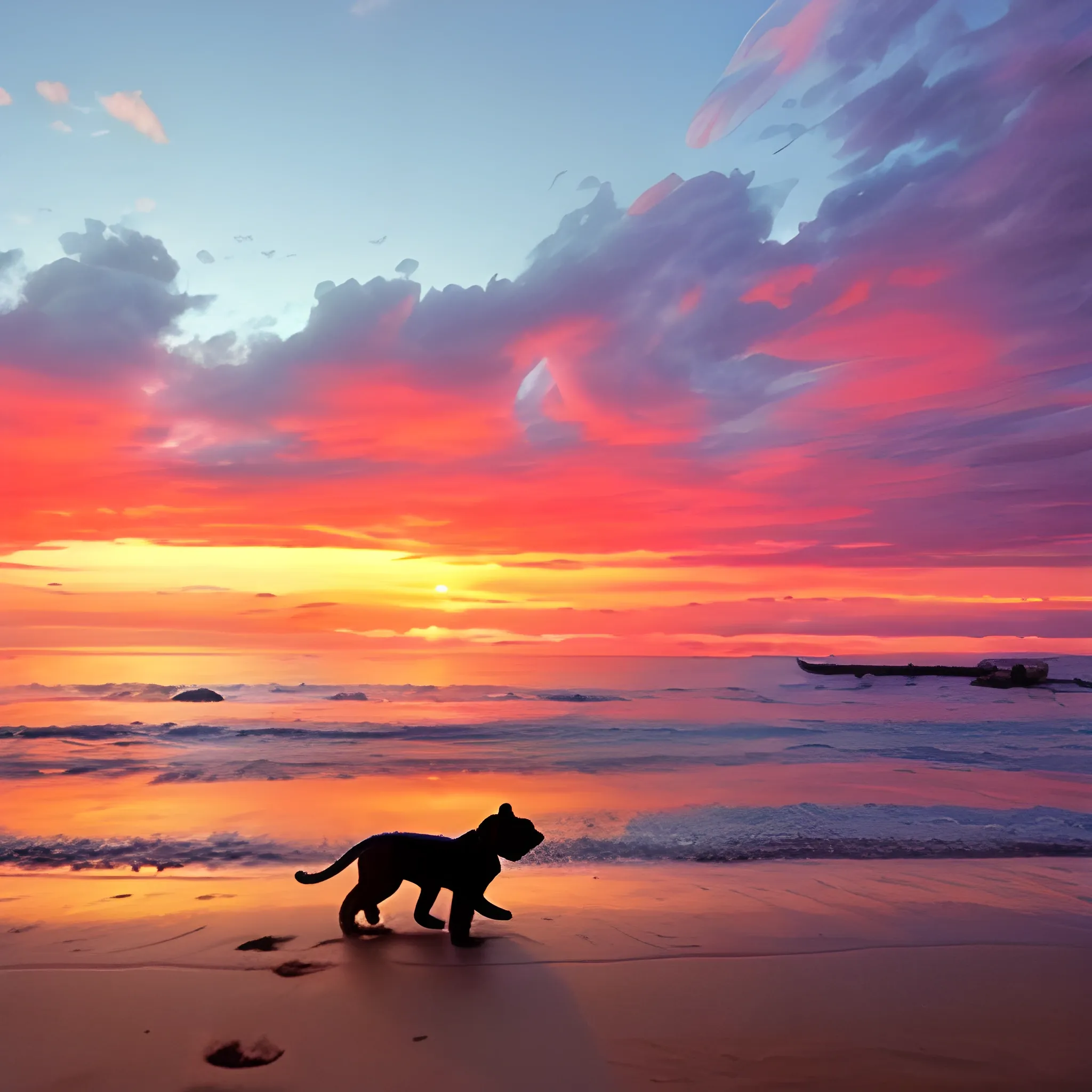 a puppy walking on the beach in the Philippines with a sunset on the horizon, Cartoon