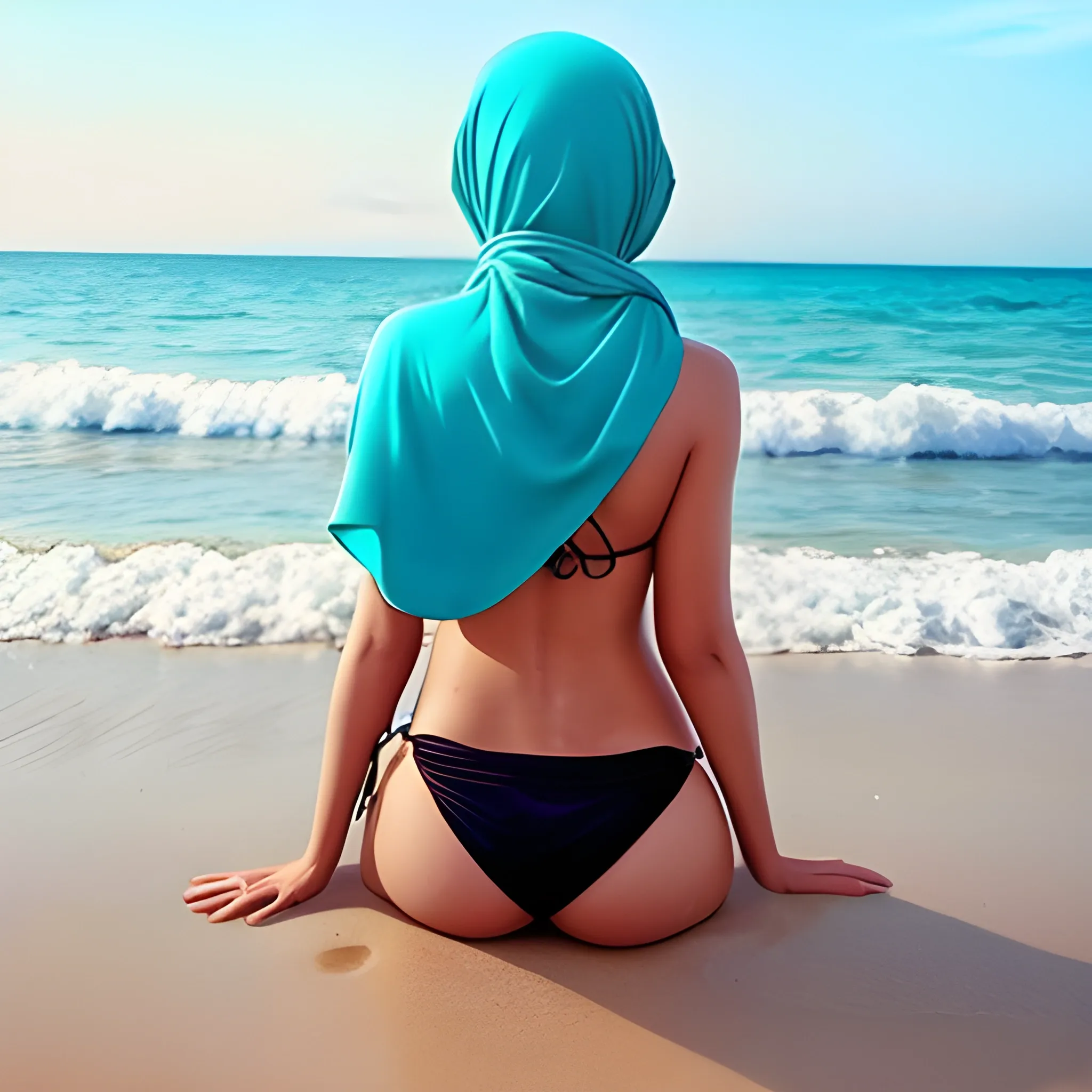 Hijab bikini on the beach facing back 