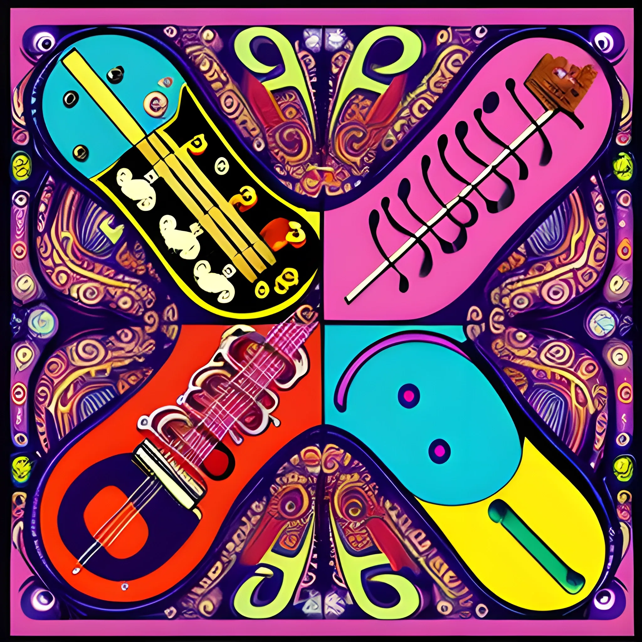 Groovy, psychedelic, 60's, alphabet letters, guitar
