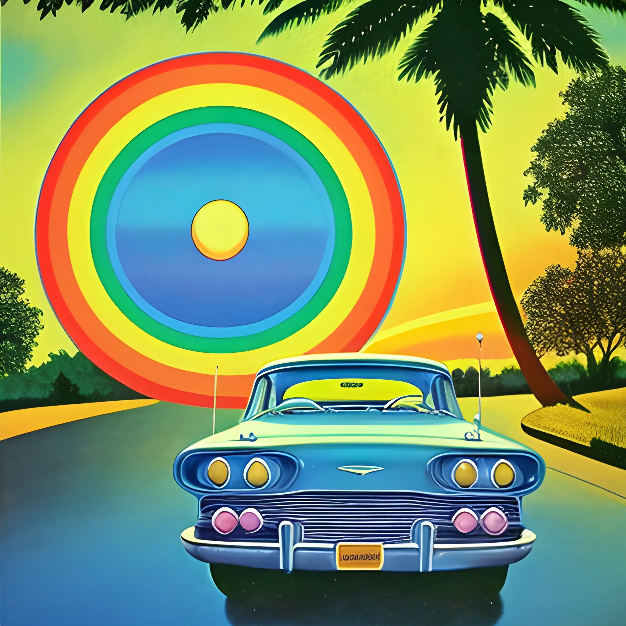 Outside, groovy, 1960's, sunshine, detailed, sunrise, rainbow