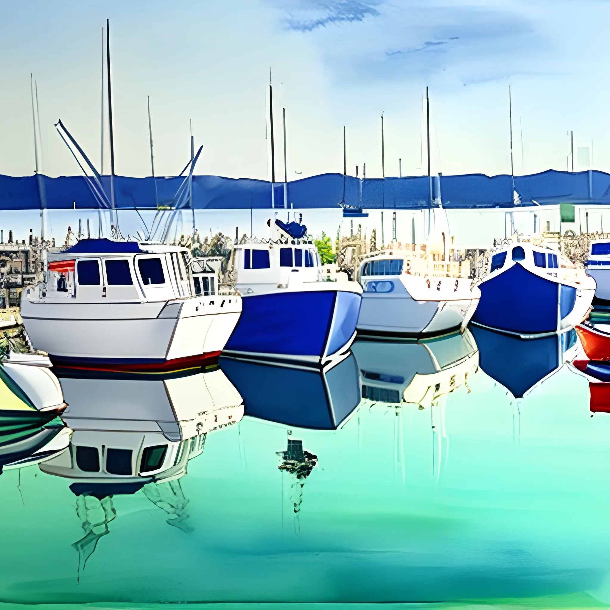 marina, boats, reflection, horizon, shore, white houses, fisherman, Water Color
