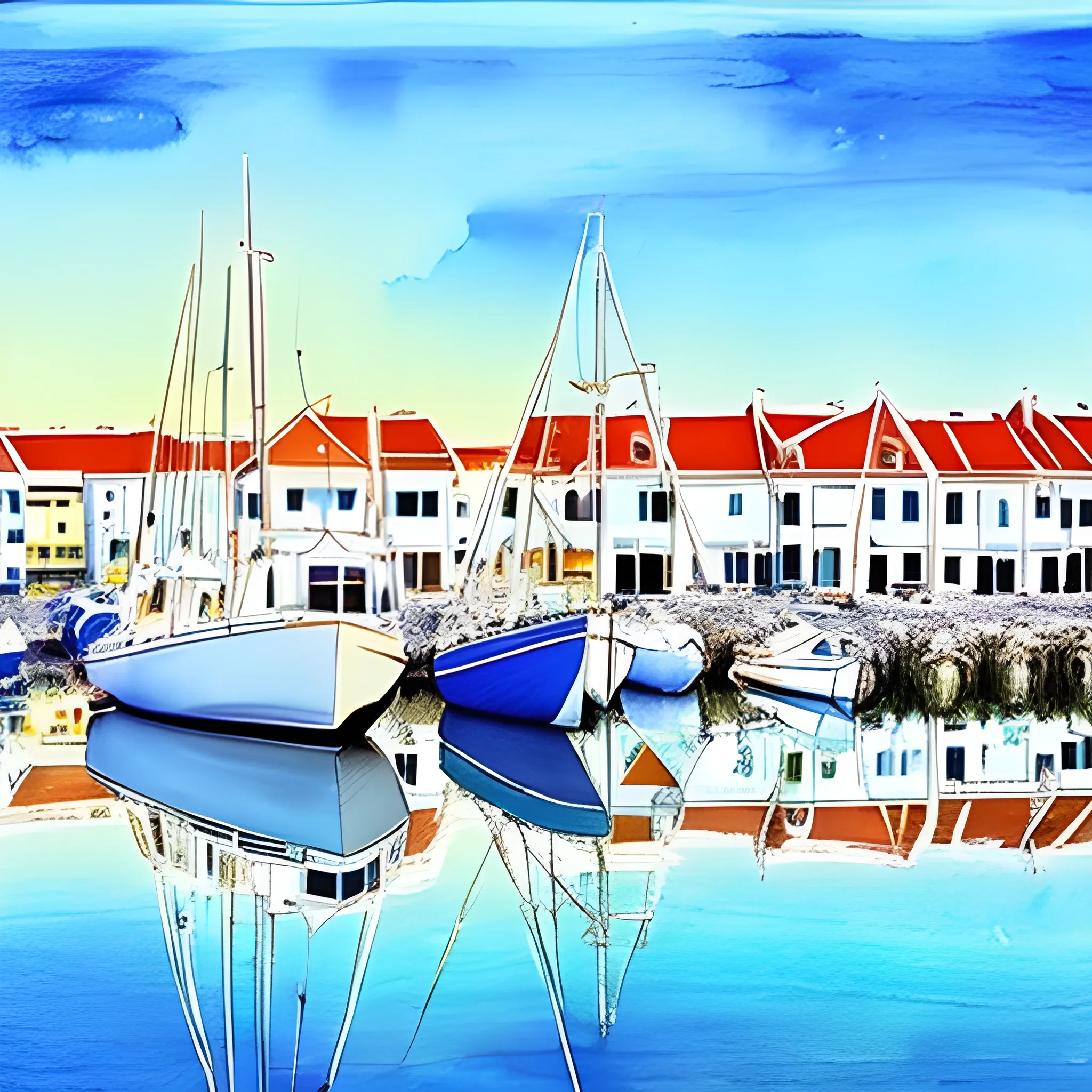 marina, boat, reflection, horizon, shore, white houses, fisherman, Water Color