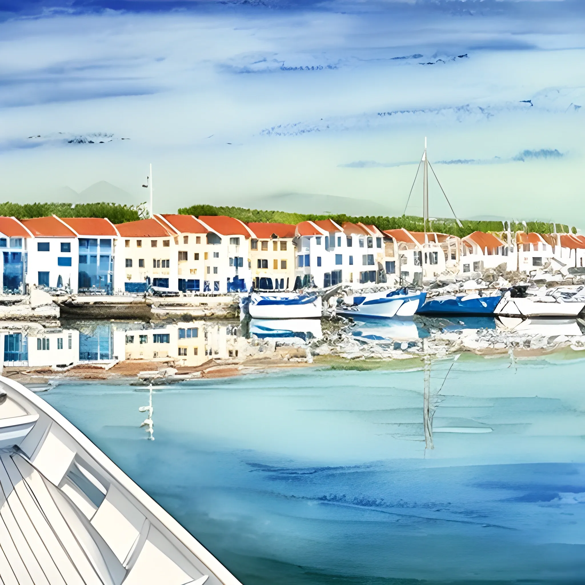 marina, one boat, reflection, horizon, shore, white houses, fisherman, Water Color