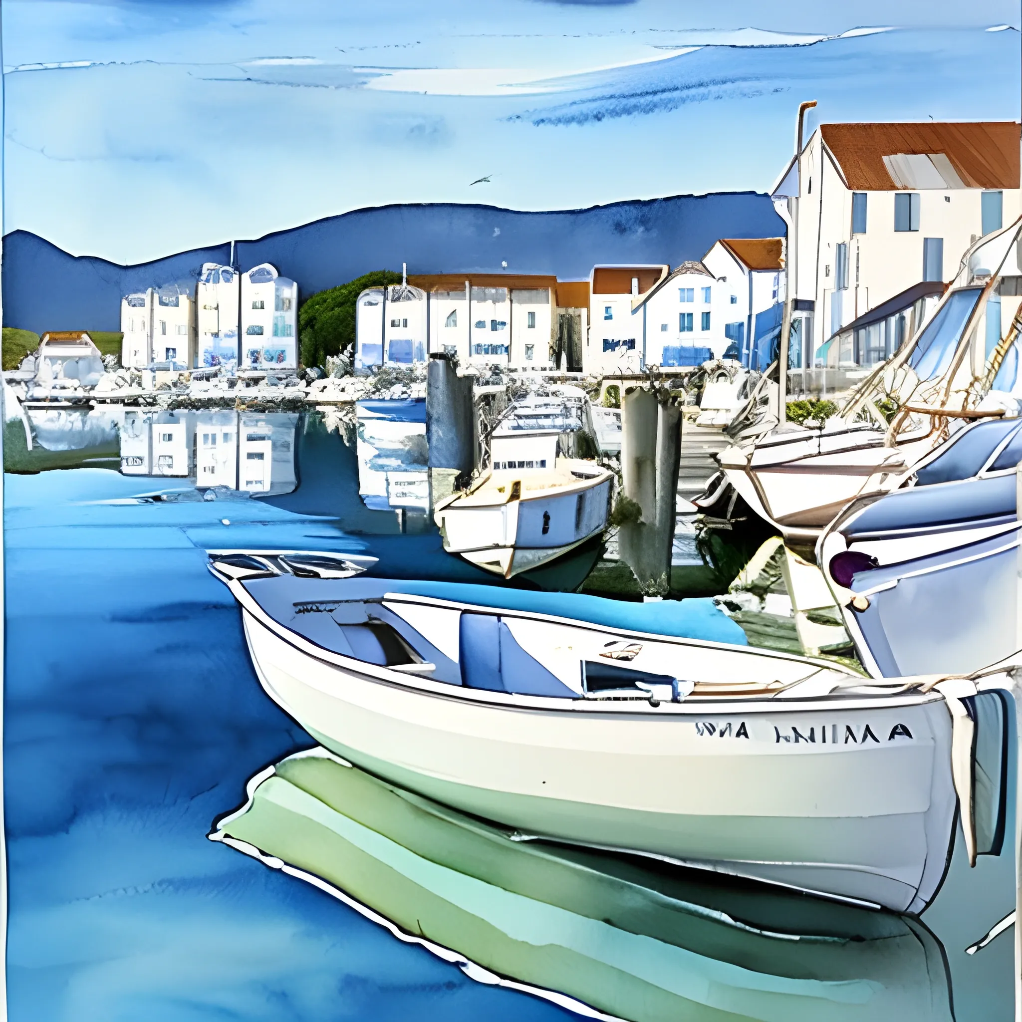 marina, one boat, reflections, horizon, shore, white houses, fisherman, in the distance, Water Color