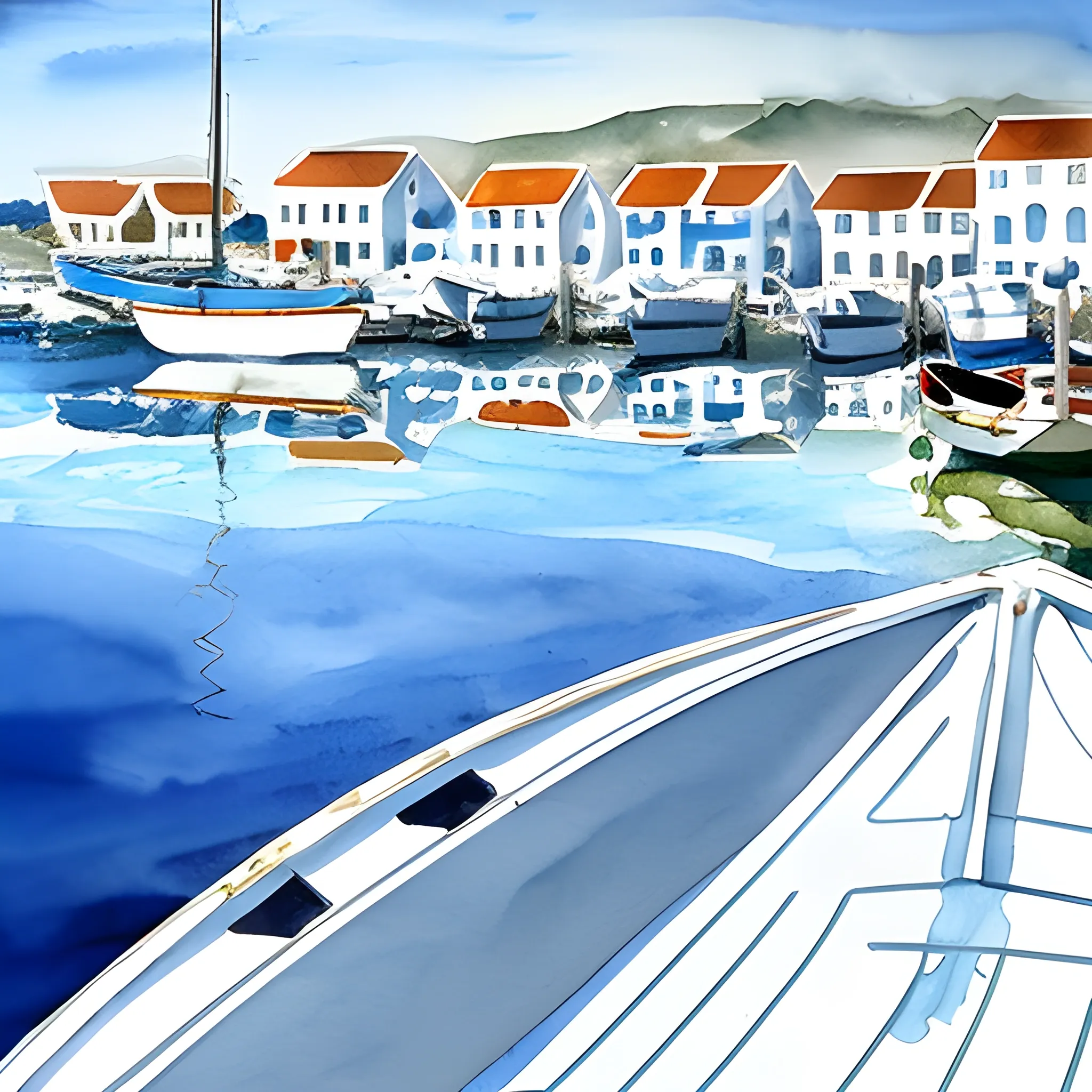 marina, one boat, reflections, horizon, shore, white houses, fisherman, in the distance, Water Color, anna masana
