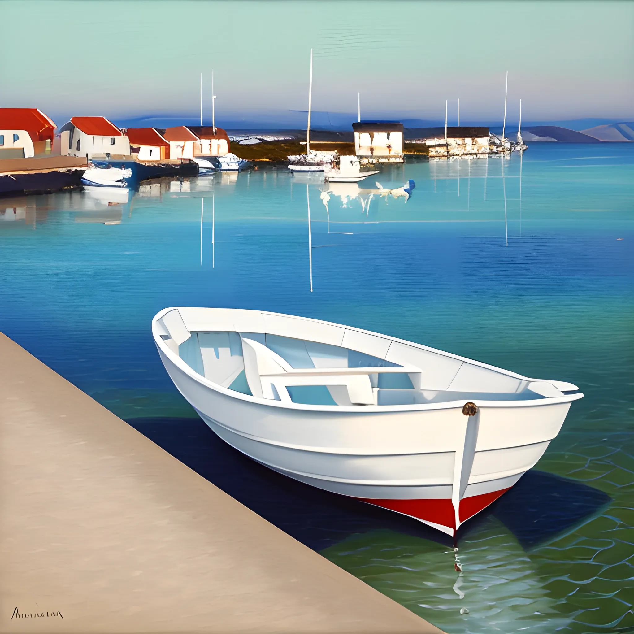 marina, one boat, reflections, horizon, shore, white houses, fisherman, in the distance, anna masana
, Oil Painting
