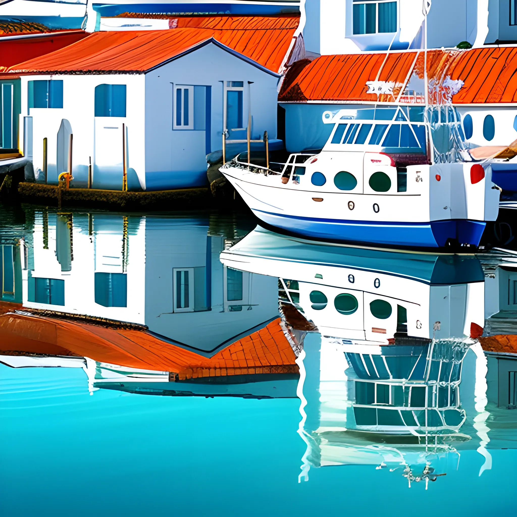 marina, one boat, reflections, horizon, shore, white houses, fisherman, in the distance, anna masana
, Trippy