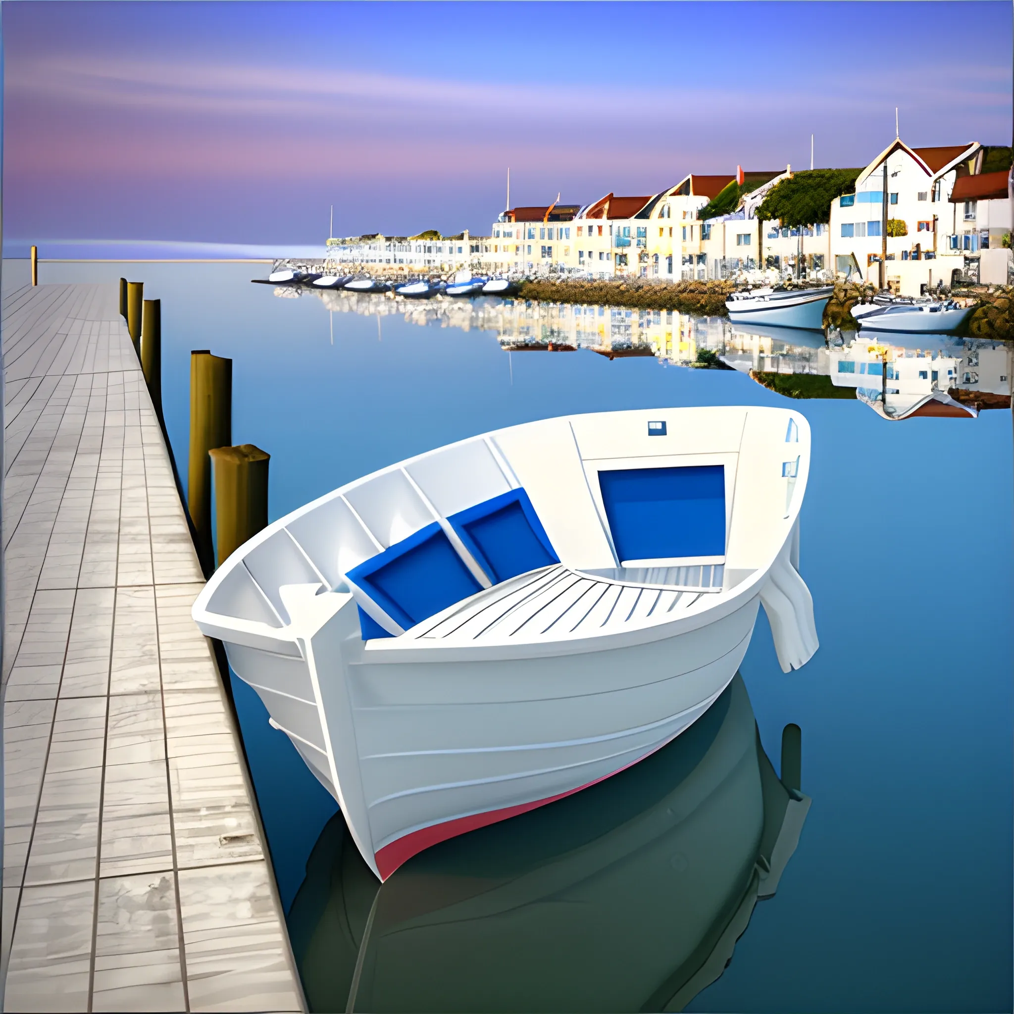 marina, one boat, reflections, horizon, shore, white houses, fisherman, in the distance, anna masana, 3D