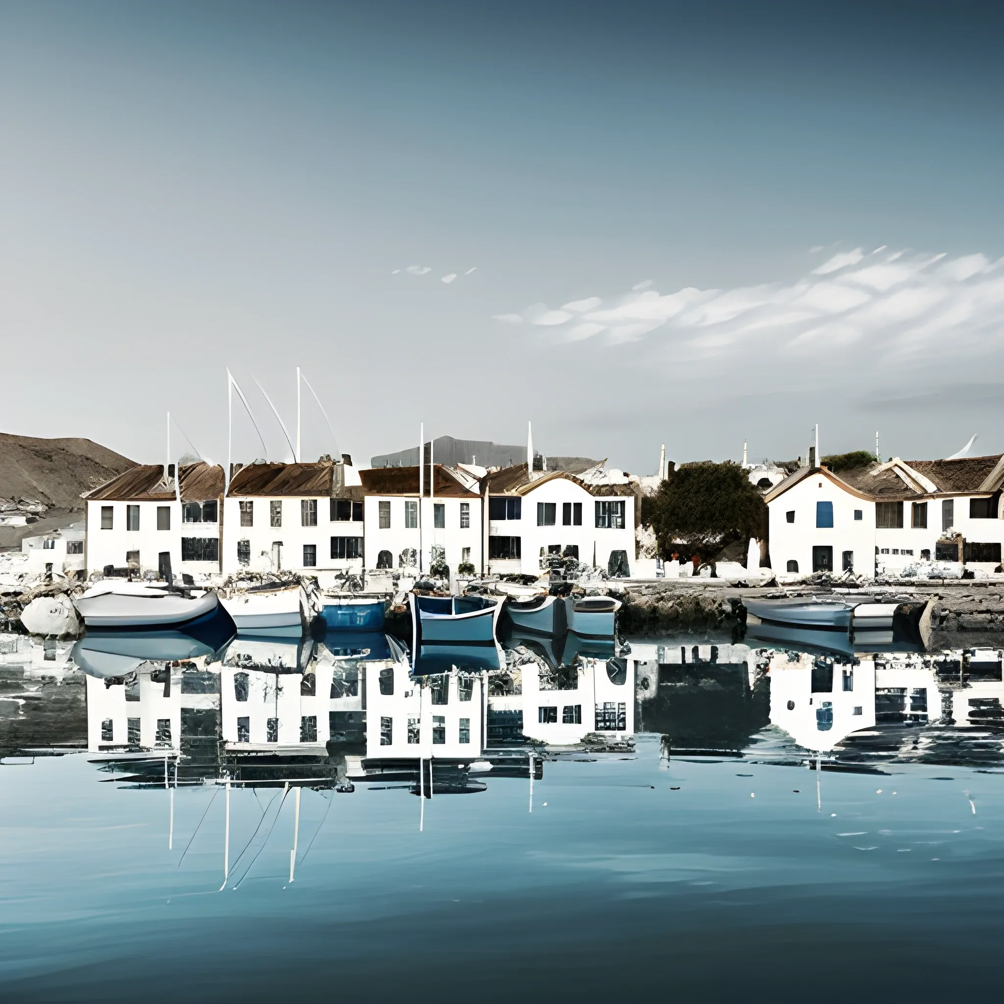 marina, one boat, reflections, horizon, shore, white houses, fisherman, in the distance, anna masana, black ink
