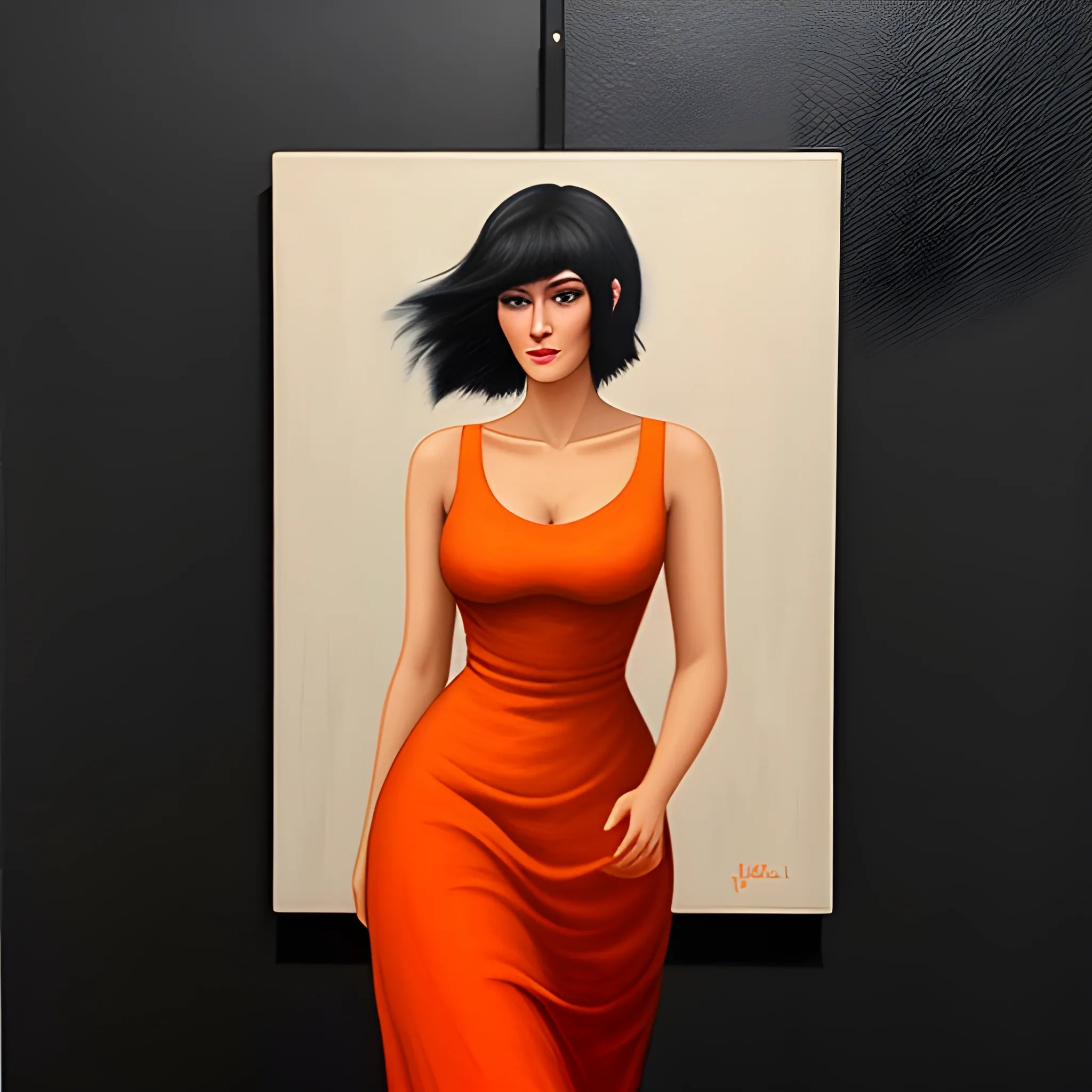 A 20-year-old young woman with short black hair, an innocent and beautiful face, wearing an orange long dress, walking on the street, oil painting style
