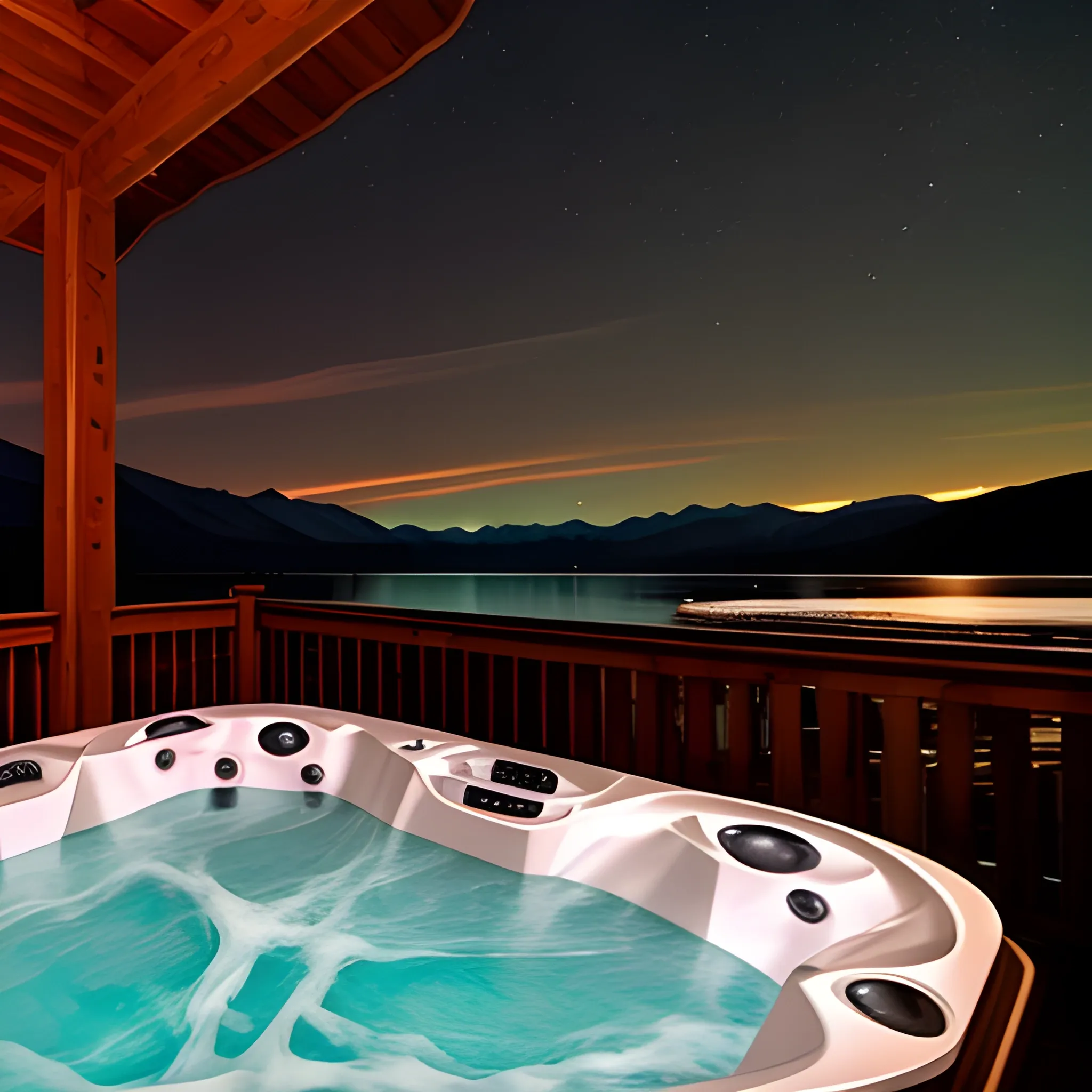 hot tub overlooking lake with mountains in background at night