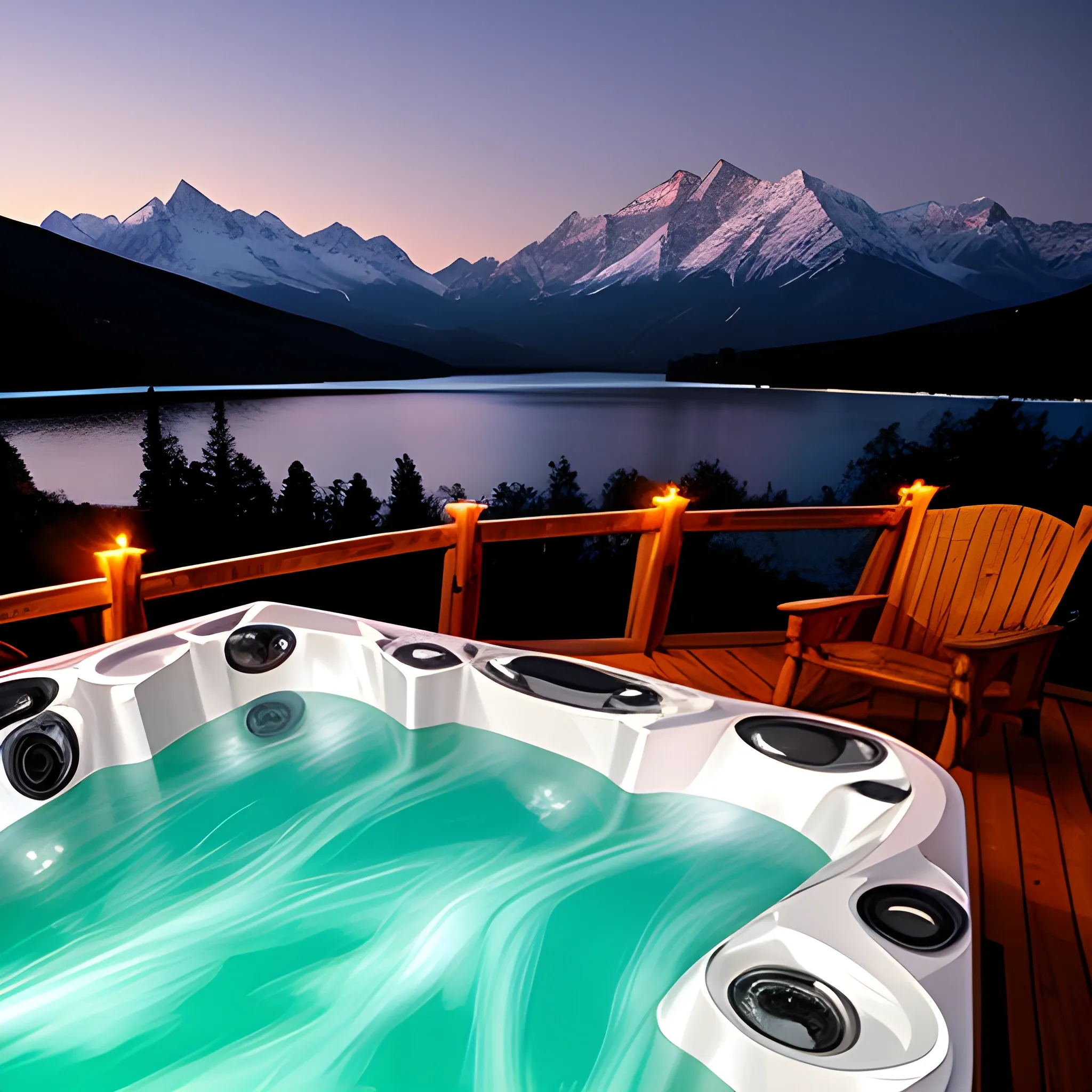 hot tub overlooking lake with mountains in background at night