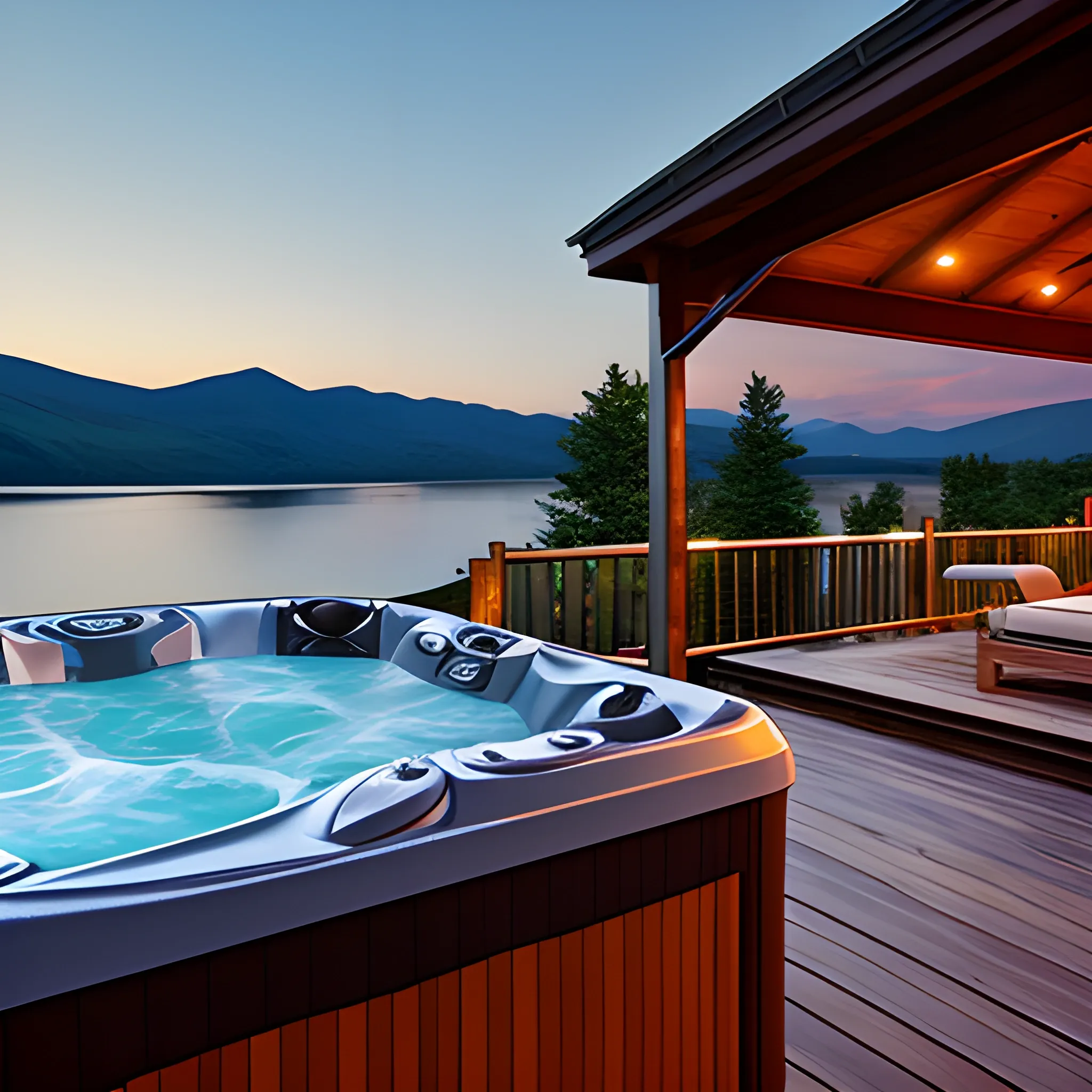 steamy hot tub overlooking lake with green mountains in background at night, no fence, photo realistic