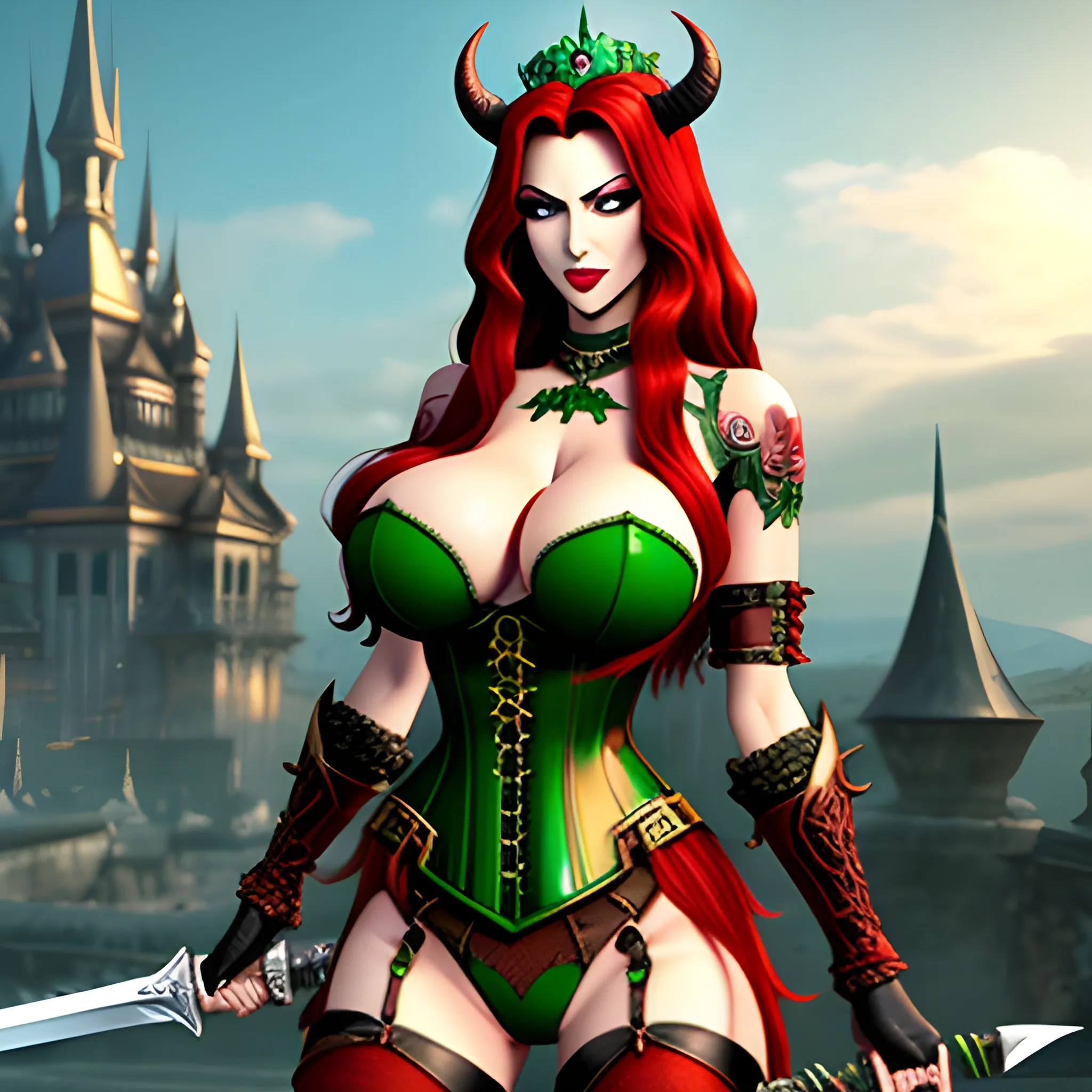 A demon queen young busty woman, long wavy redhair, corset underboobs, massive breast, long legs, big green eyes, with sword
 Cartoon, 3D