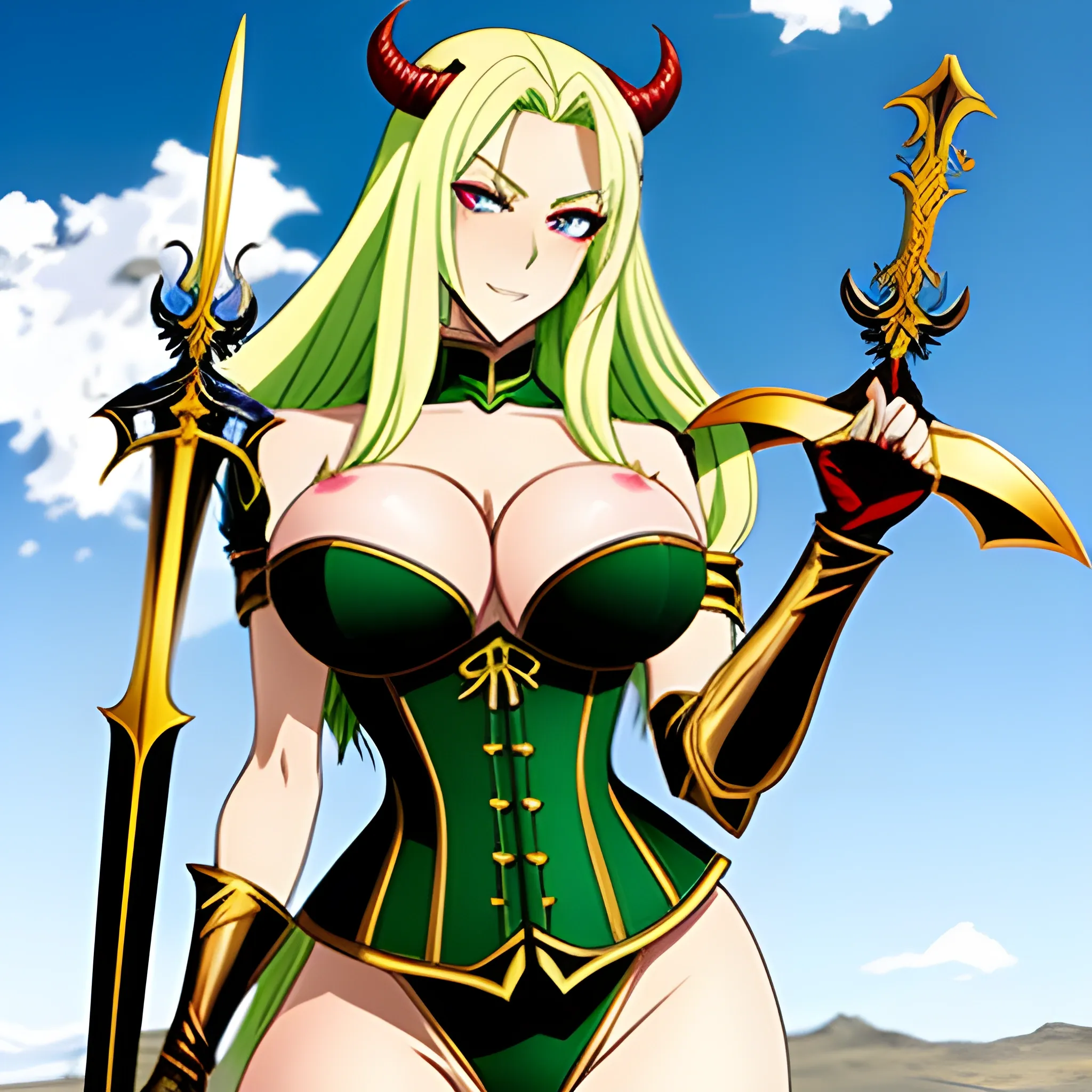 A demon queen young busty woman, long wavy blonde, corset underboobs, massive breast, long legs, big green eyes, with sword anime version