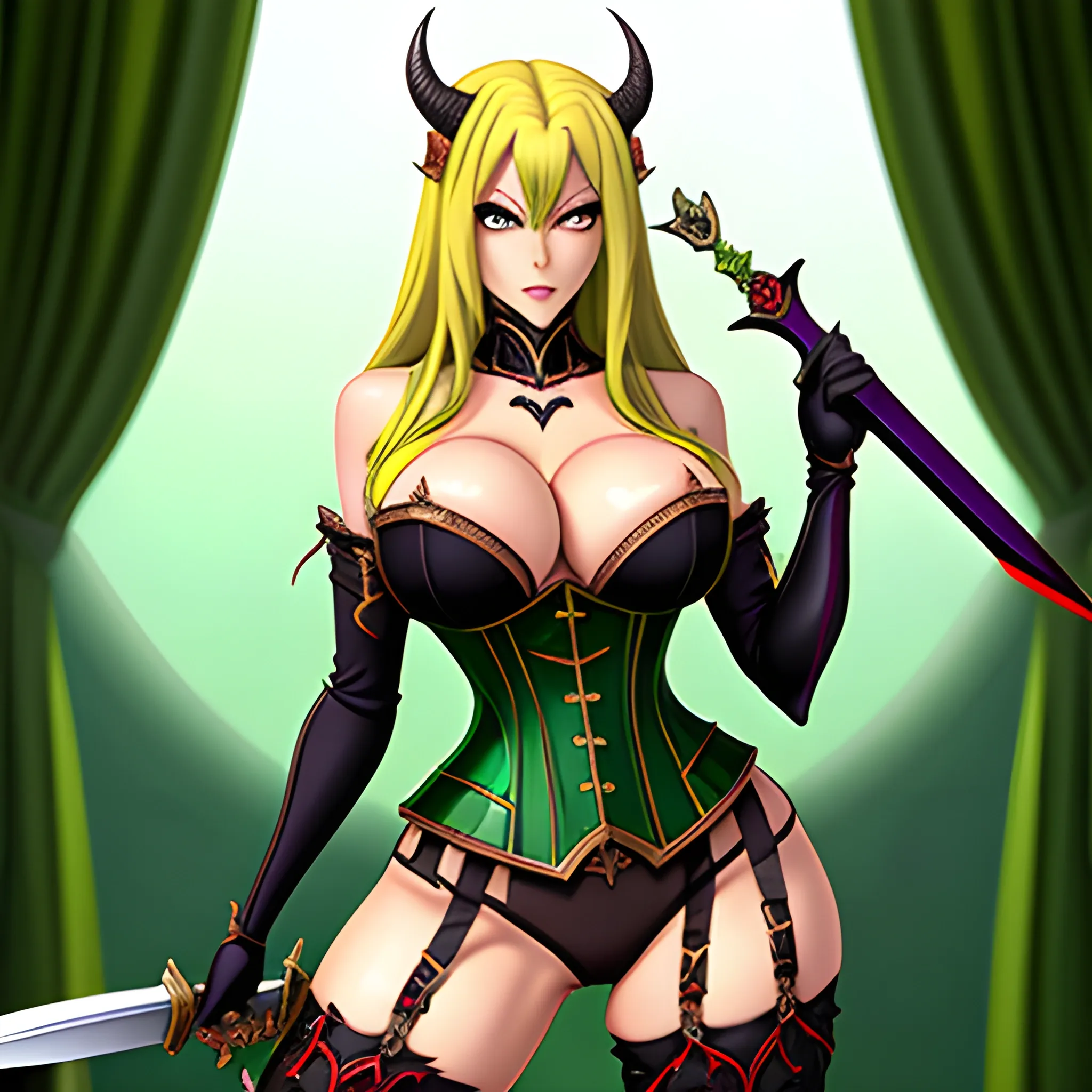 A demon queen young busty women, long wavy blonde, corset underboobs, massive breast, long legs, big green eyes, with sword anime version, 3D, Cartoon