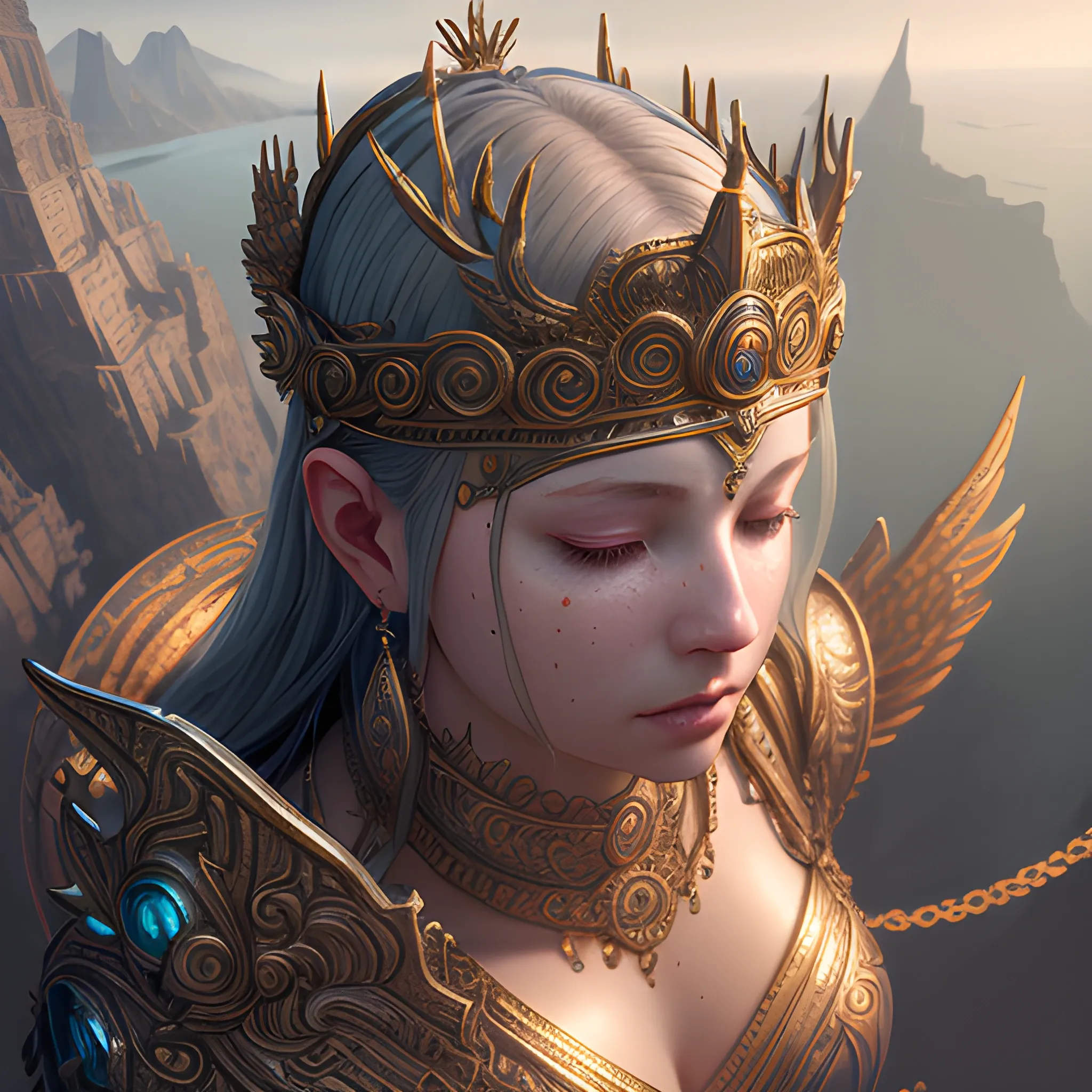 view above waist, goddess, blind, blindfold, sin, shining, 8k, high resolution, high quality, photorealistic, hyperrealistic, detailed, detailed matte painting, deep color, fantastical, intricate detail, splash screen, complementary colors, fantasy concept art, 8k resolution trending on Artstation Unreal Engine