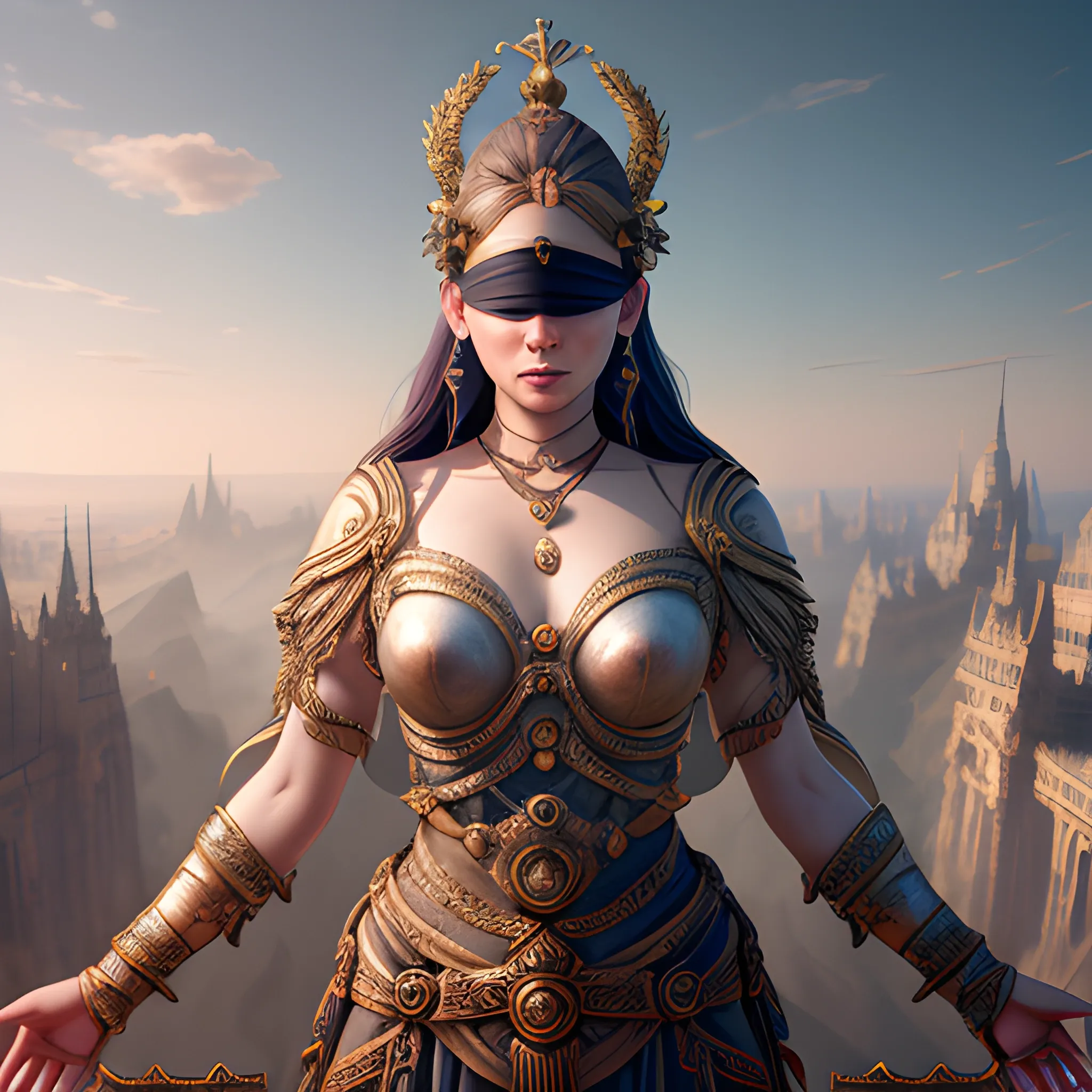 view above waist, goddess, blind, blindfold, sin, shining, 8k, high resolution, high quality, photorealistic, hyperrealistic, detailed, detailed matte painting, deep color, fantastical, intricate detail, splash screen, complementary colors, fantasy concept art, 8k resolution trending on Artstation Unreal Engine