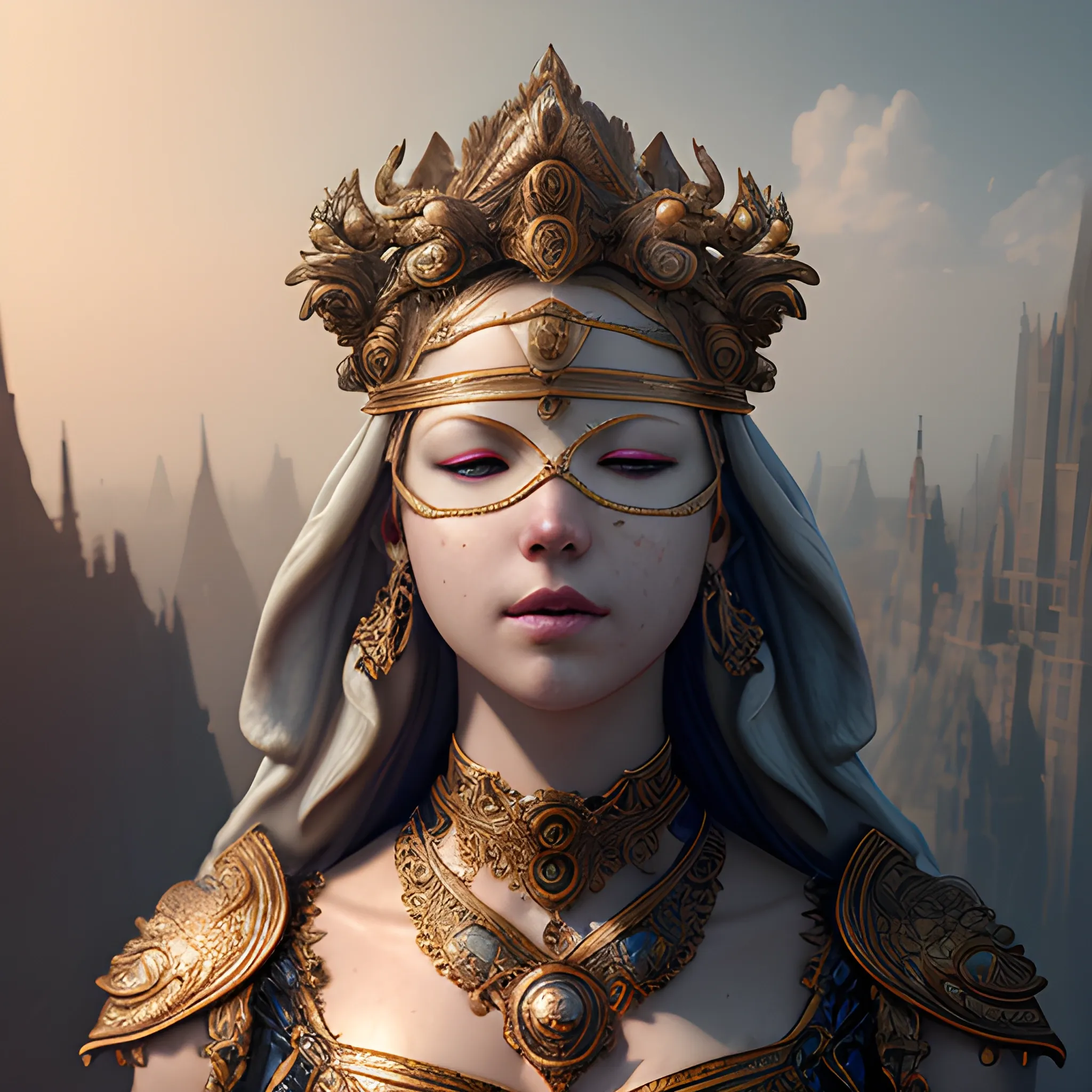 view above waist, goddess, blind, blindfold, sin, shining, 8k, high resolution, high quality, photorealistic, hyperrealistic, detailed, detailed matte painting, deep color, fantastical, intricate detail, splash screen, complementary colors, fantasy concept art, 8k resolution trending on Artstation Unreal Engine