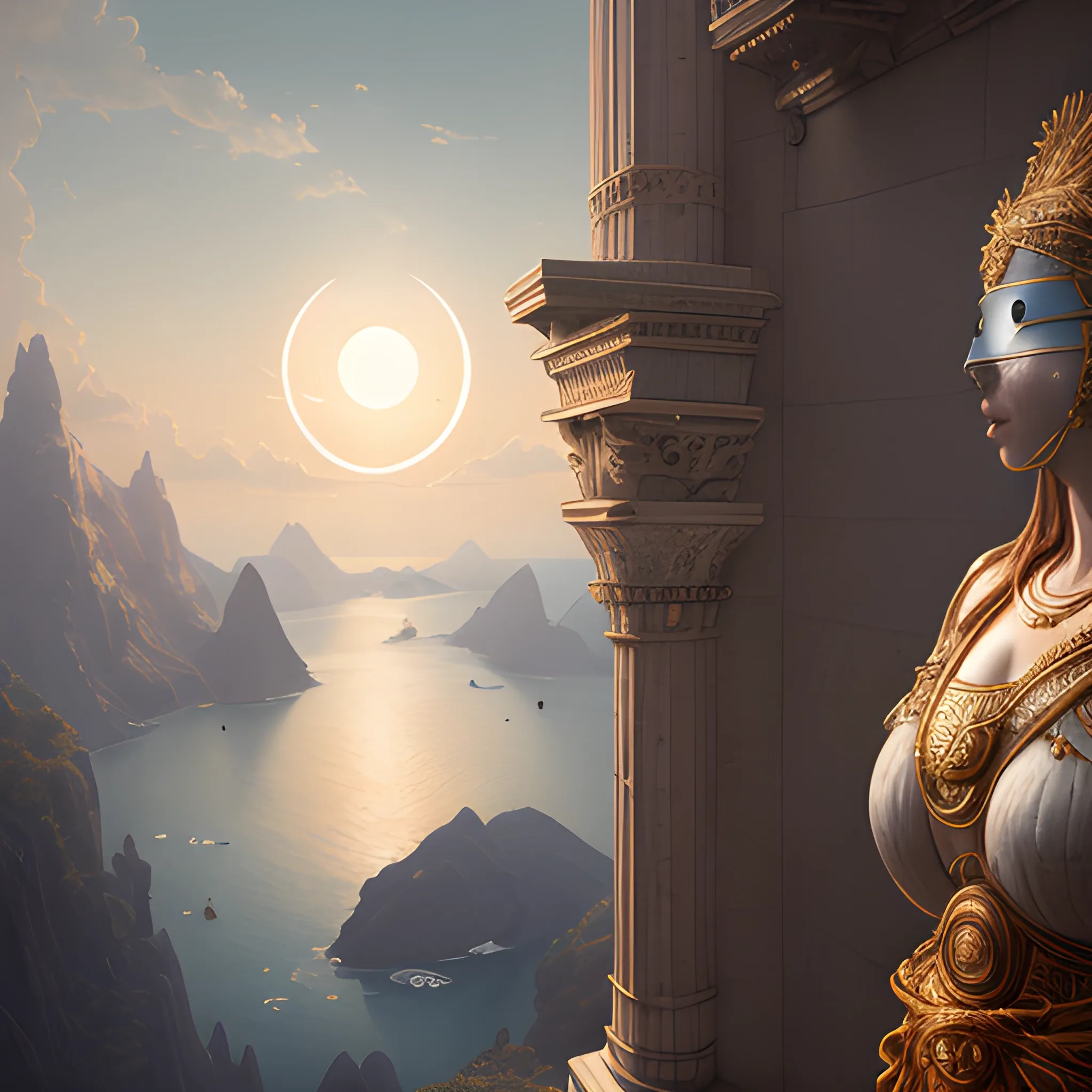 sun and moon, view above waist, goddess, blind, blindfold, sin, shining, 8k, high resolution, high quality, photorealistic, hyperrealistic, detailed, detailed matte painting, deep color, fantastical, intricate detail, splash screen, complementary colors, fantasy concept art, 8k resolution trending on Artstation Unreal Engine