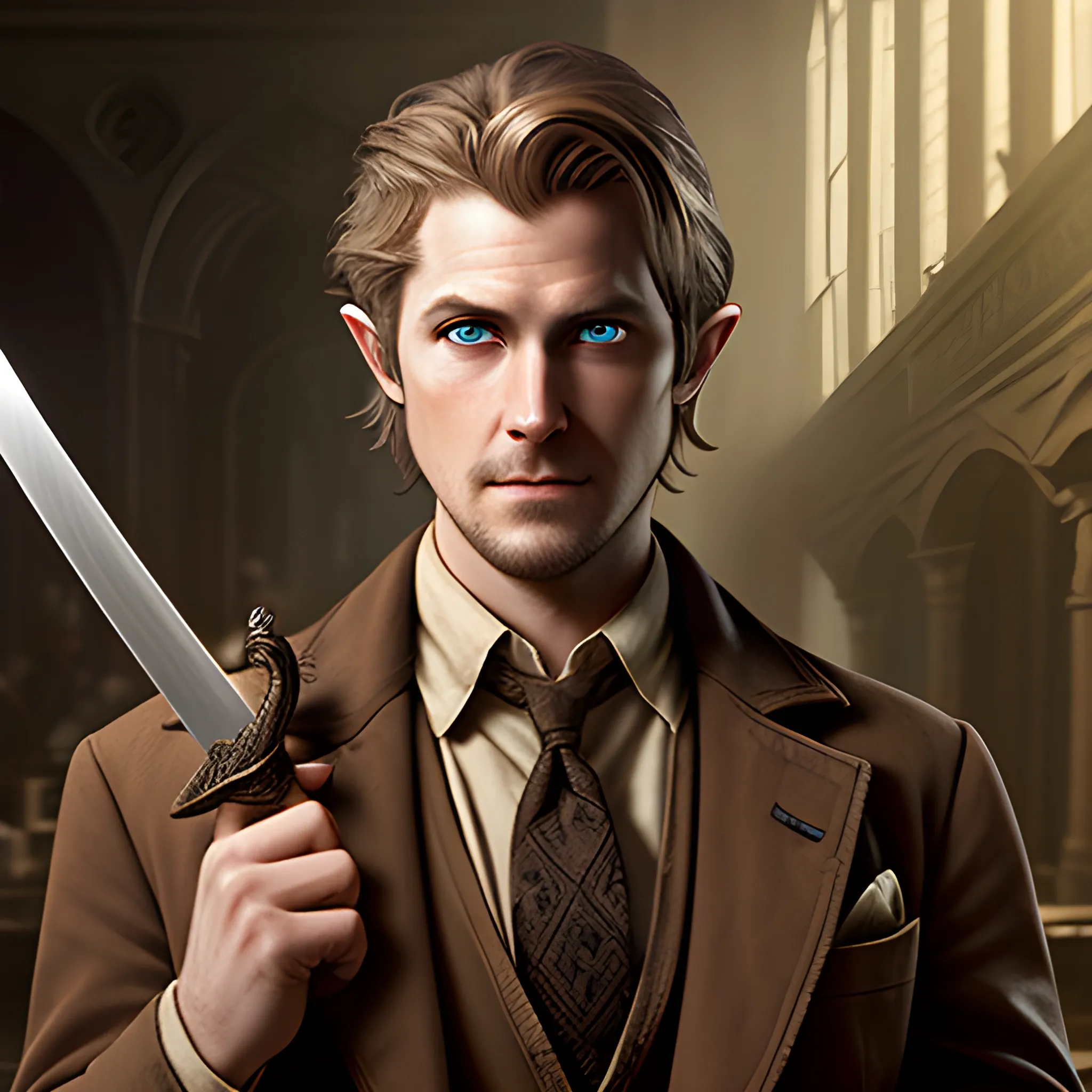 Half-Elf, Merchant, antiques, john constantine, sword, brown hair, no tie