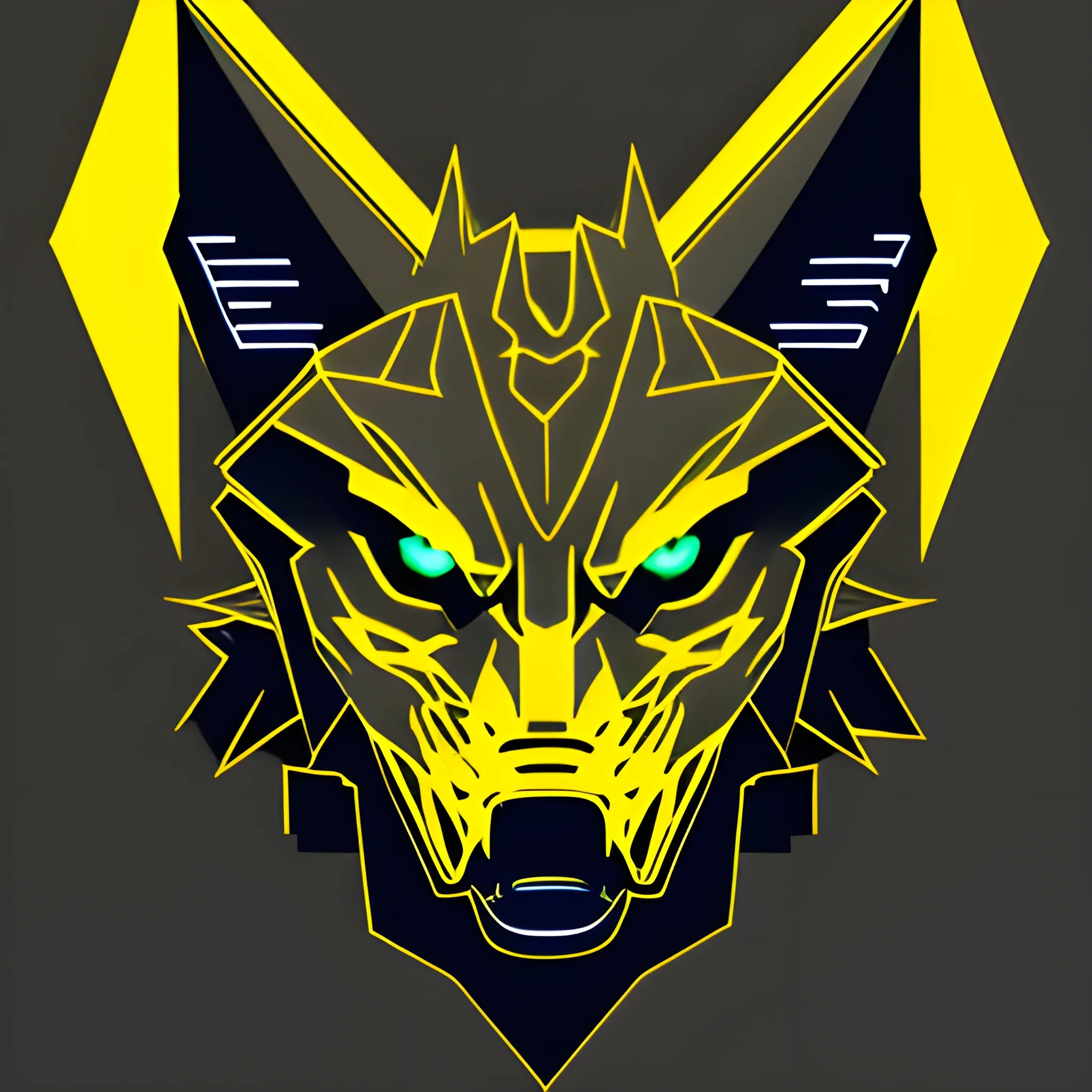 An angry cyberpunk wolf VECTOR logo, using GOLDEN yellow AND GRAY PALLETTE color., Trippy