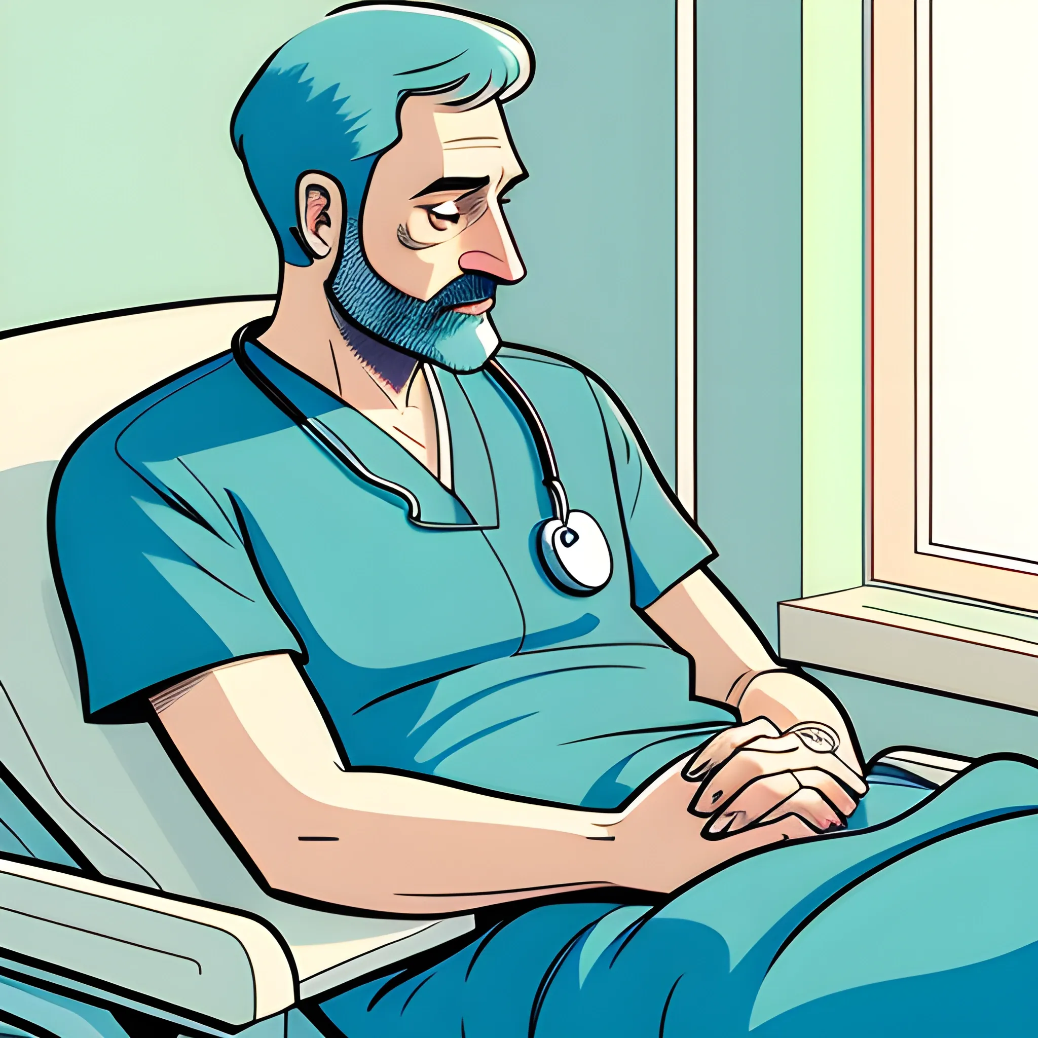 /imagine prompt: A touching digital illustration depicting a sick 9-year-old boy lying on a hospital bed. The compassionate doctor is checking on him, showing concern on their face. The hospital room is well-lit with a soft warm light, creating a comforting atmosphere. The colors used in the illustration are gentle and muted, emphasizing the calmness of the scene. The boy's pale face and the doctor's gentle expression convey the vulnerability and care involved in healthcare. Illustration, digital illustration --ar 16:9 --v 5 --stylize 1000, Cartoon, Cartoon, Trippy, Trippy