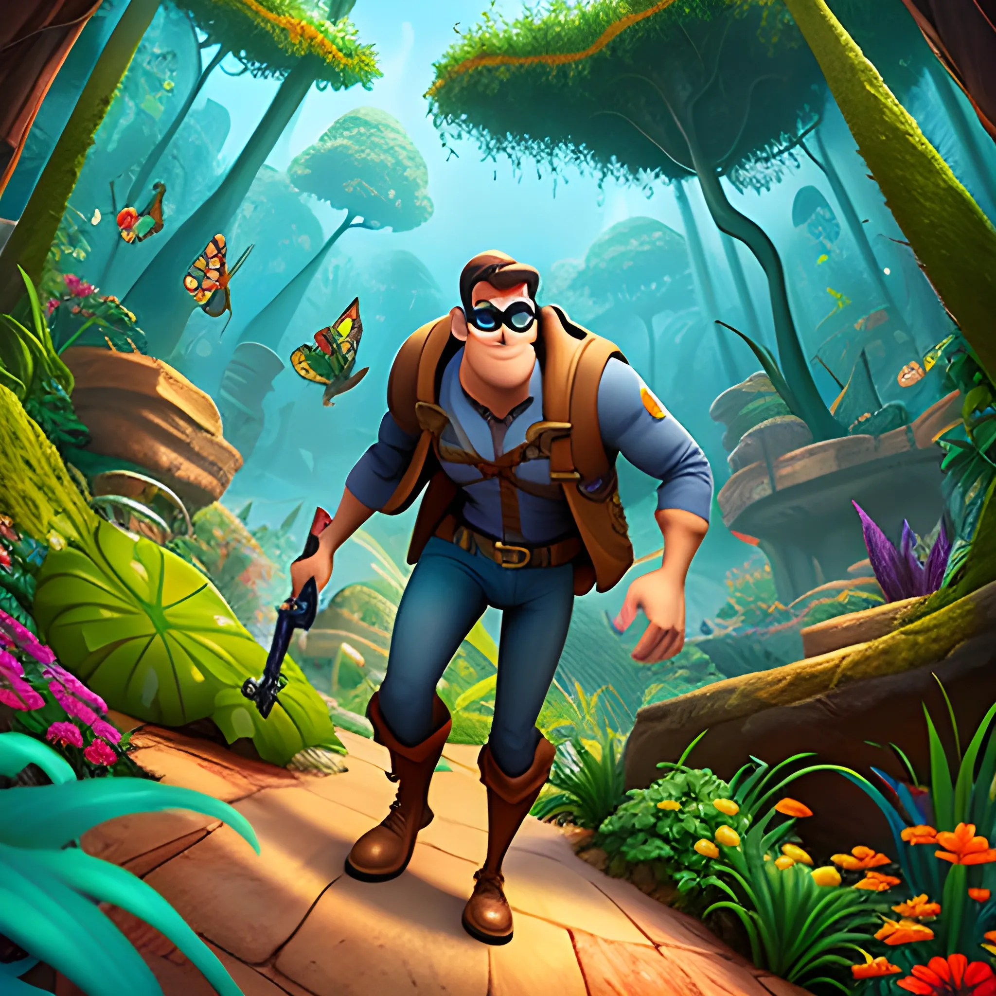 haz una portada de Disney Pixar, con un hombre con lentes aventurero en la selva, 3D