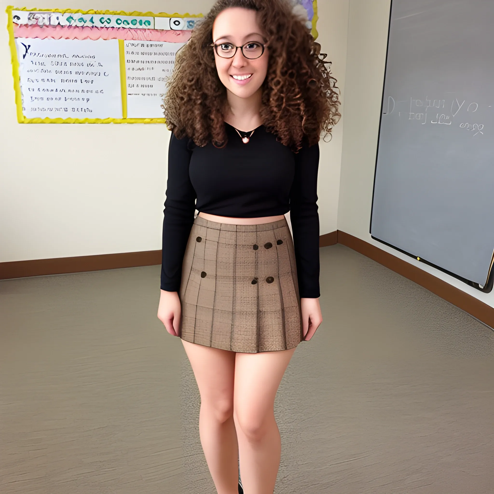 Female teacher with brown curly hair, mini skirt, high heels 