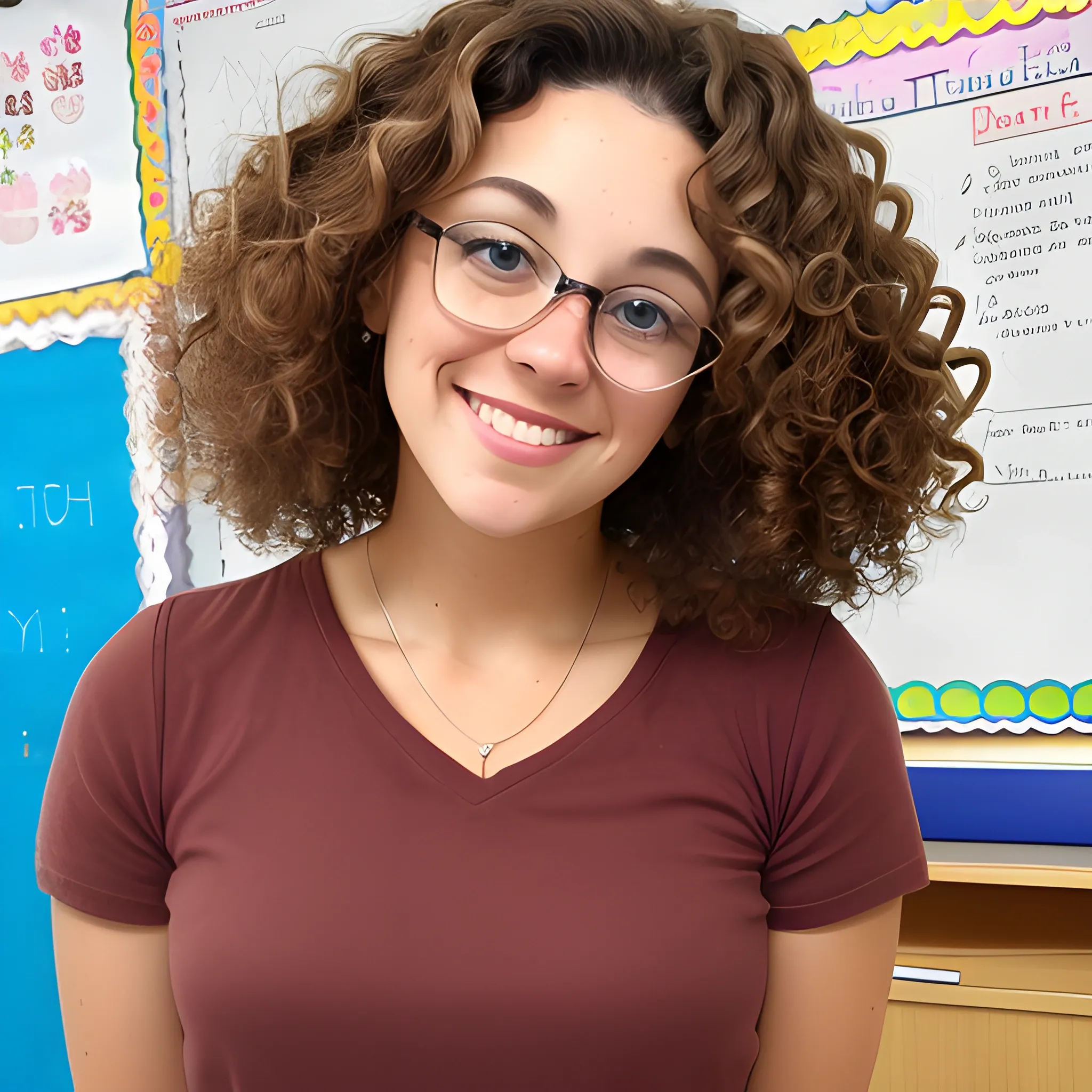 Female teacher with brown curly hair
