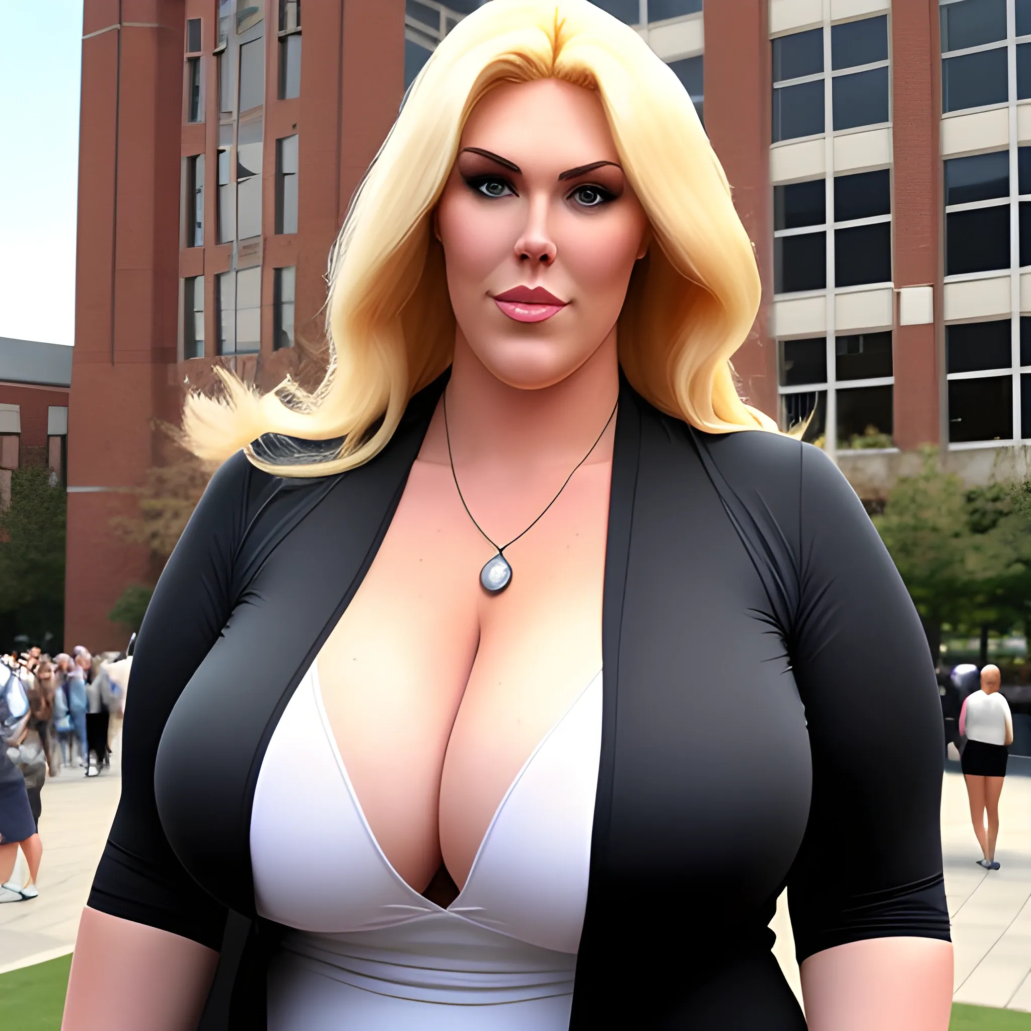 huge and very tall friendly blonde plus size girl with small head and broad shoulders, not curvy but massive, on busy schoolyard towerring among other students and teachers 