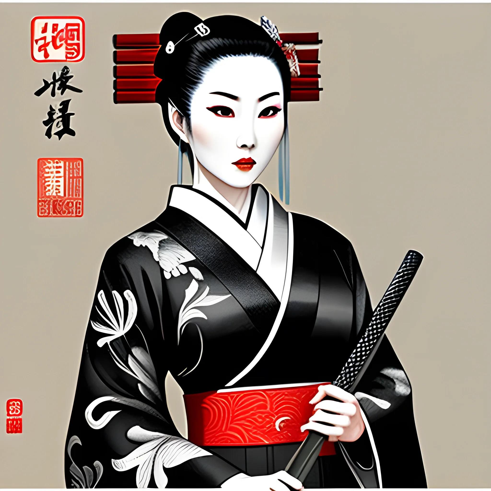 Prompt: (masterpiece:1.5), mix of (Chinese ink art background scenery:1.5) and (original Kurosawa cinematic photography for character:1.3), (super cute young geisha:1.3 with Japanese sword, (accurate athletic body:1.1), great shape, flawless skin
Negative prompt: horse, ugly, bad artist, bad drawing