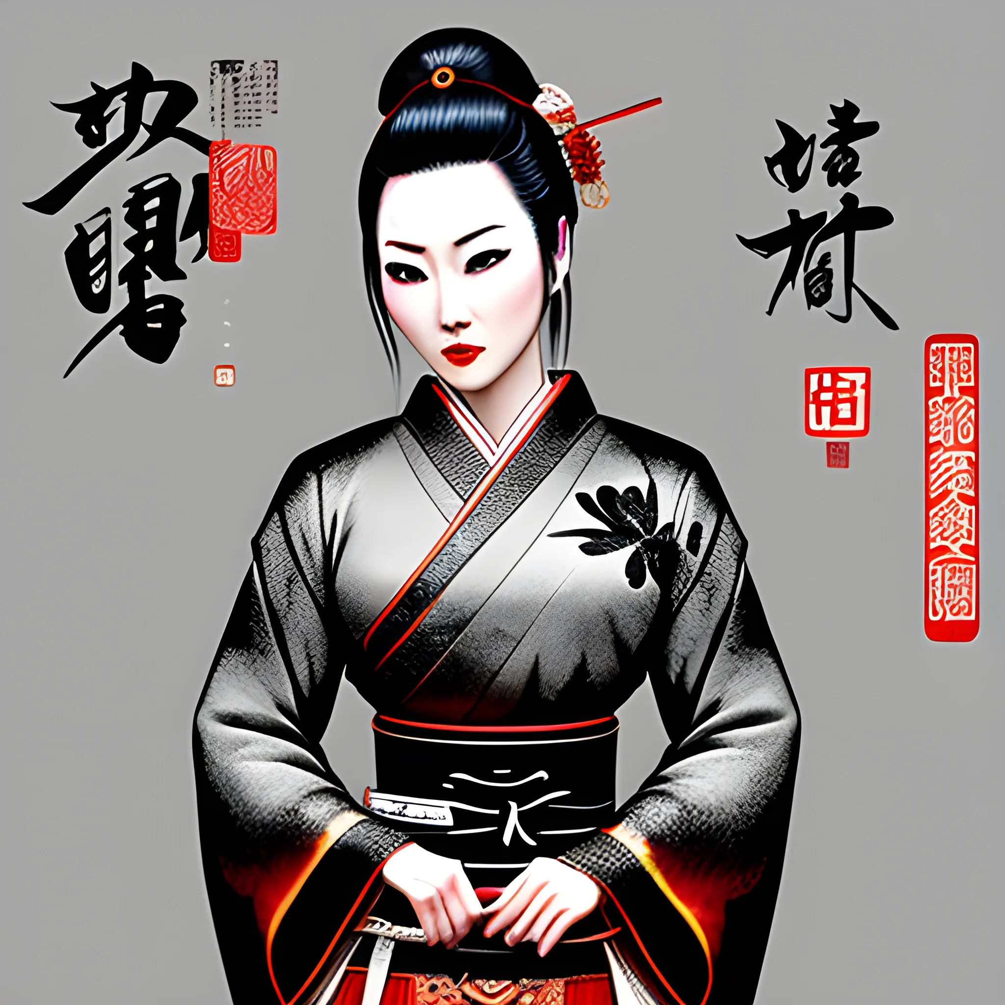 Prompt: (masterpiece:1.5), mix of (Chinese ink art background scenery:1.5) and (original Kurosawa cinematic photography for character:1.3), full shot (super cute young geisha:1.3 with Japanese sword, (accurate athletic body:1.1), great shape, flawless skin, Trippy
Negative prompt: horse, ugly, bad artist, bad drawing, 