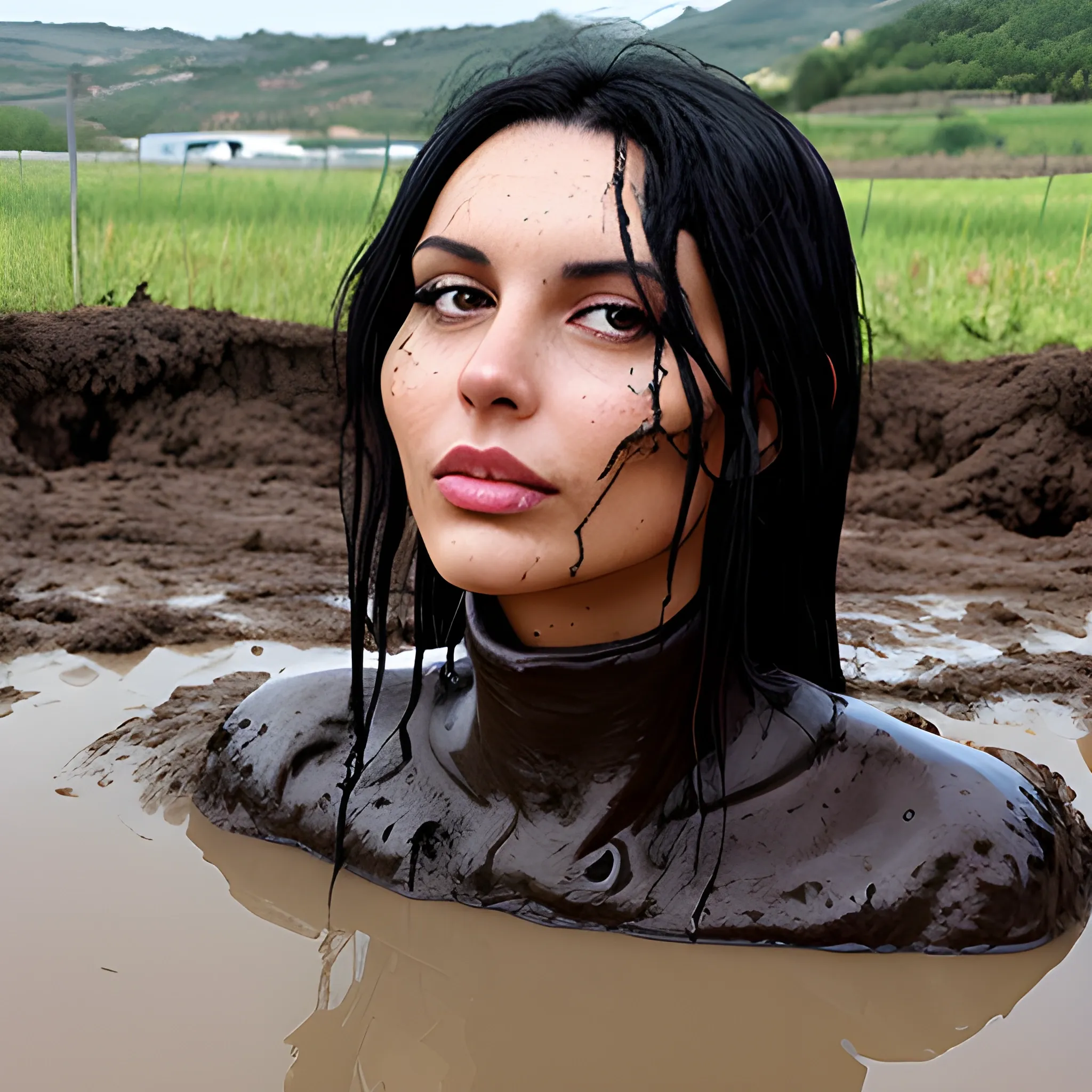 Italian woman, black hair, tall, plus size, stuck in mud