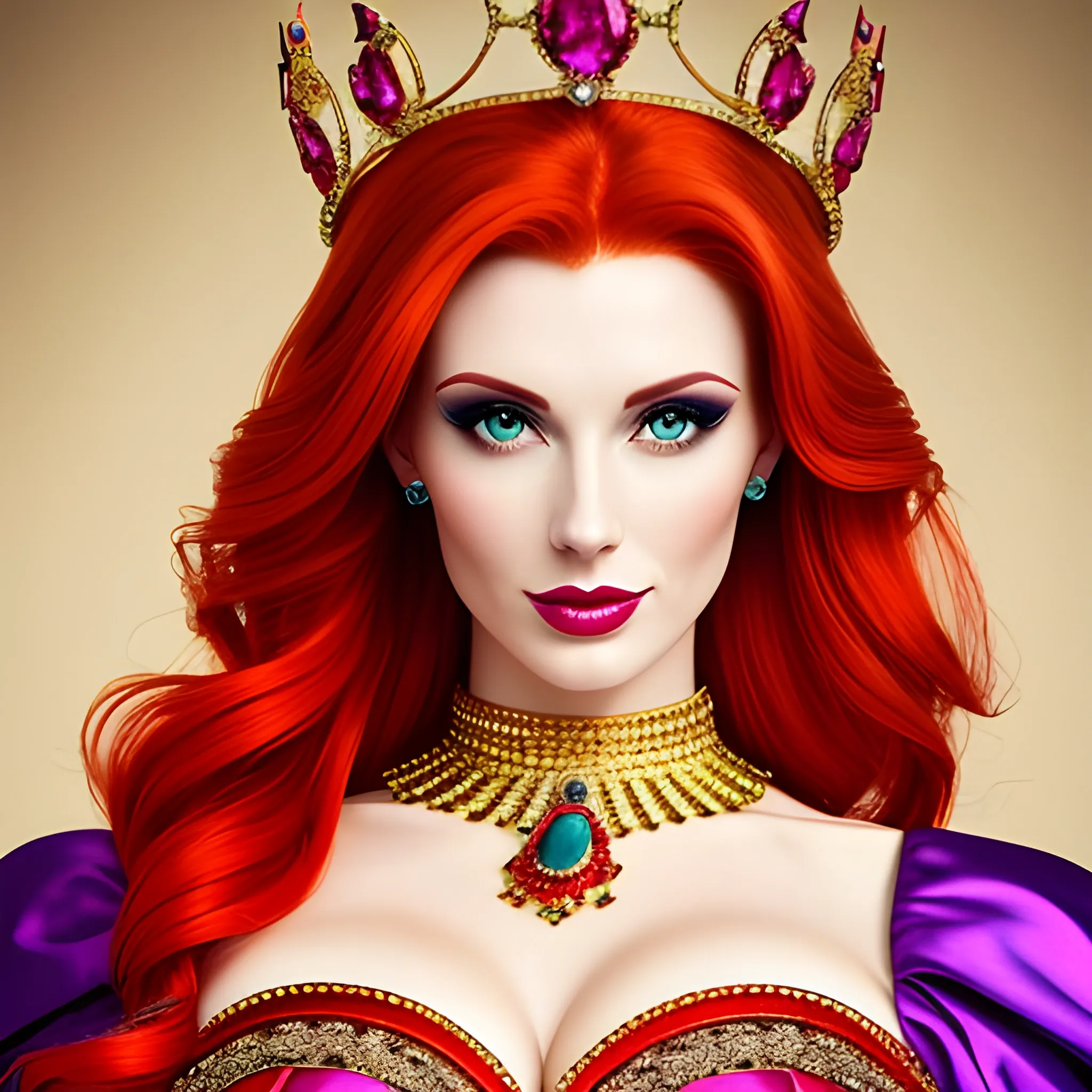 Beautiful redhead European woman with crown and colorful outfits, premium photography, ultra high definition, sexy ,10 years old